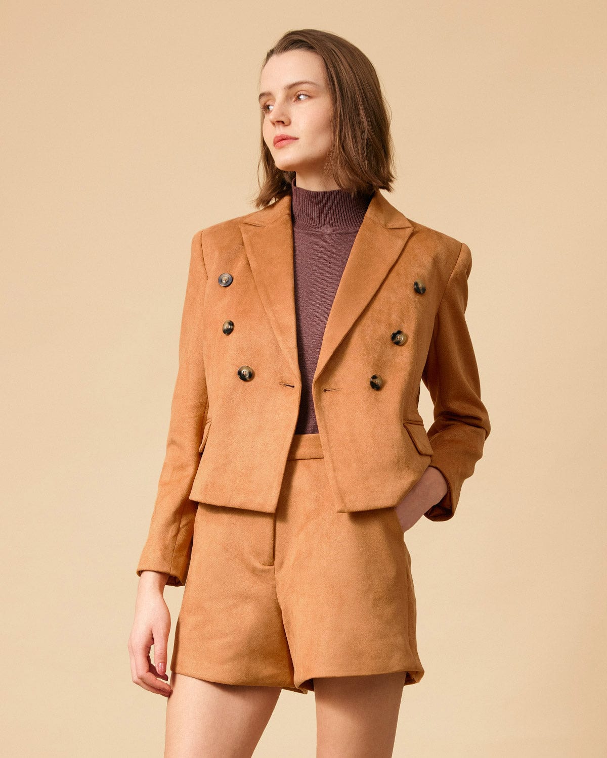 Shewess™ Yakalı Düğmeli Süet Blazer
