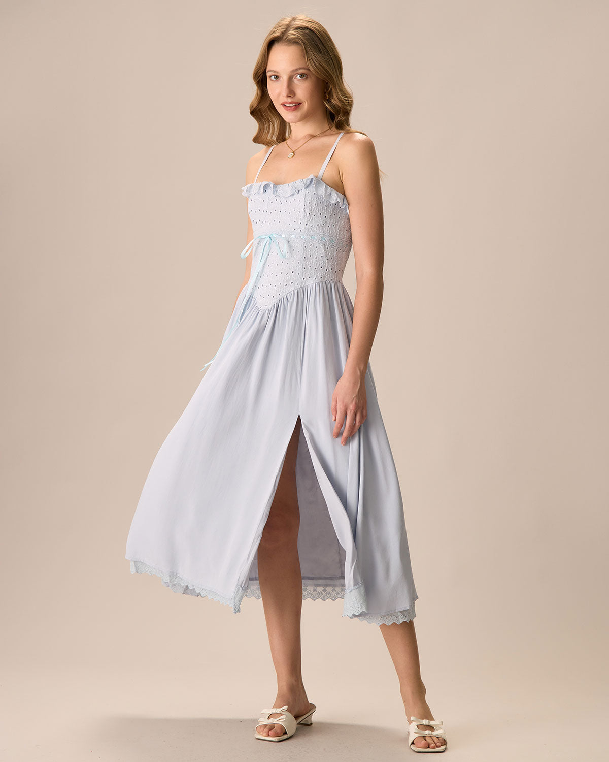 Shewess™ Kadın Mavi Nakışlı Pamuklu Slip Midi Elbise