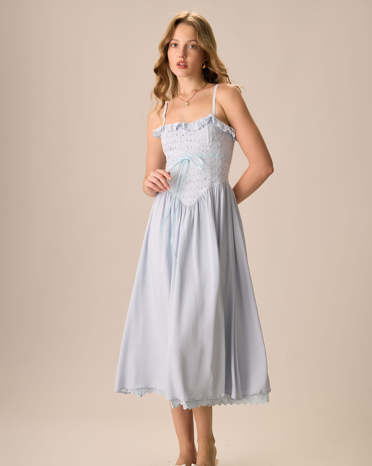 Shewess™ Kadın Mavi Nakışlı Pamuklu Slip Midi Elbise