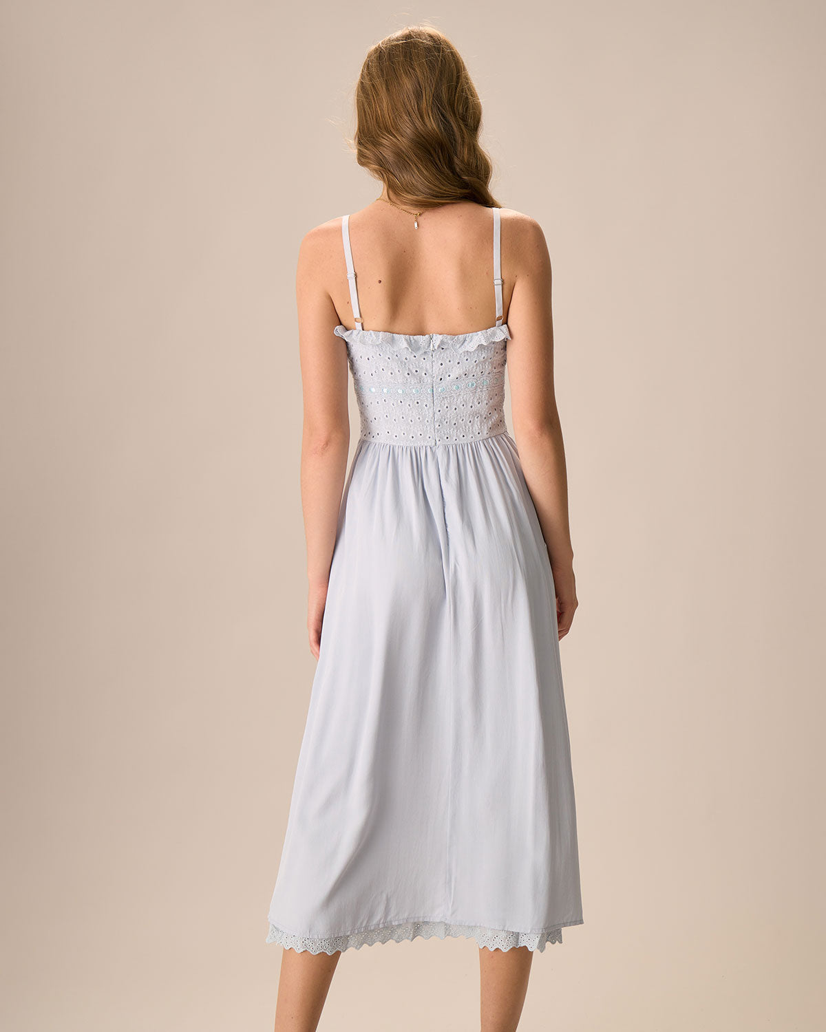 Shewess™ Kadın Mavi Nakışlı Pamuklu Slip Midi Elbise
