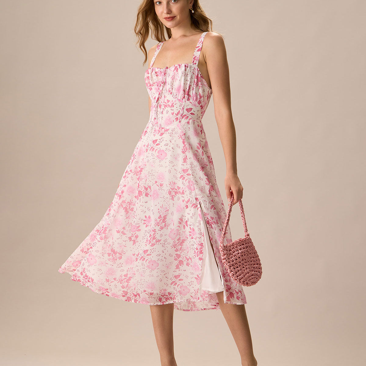 Shewess™ Pembe Kare Yaka Çiçek Dantelli Midi Elbise
