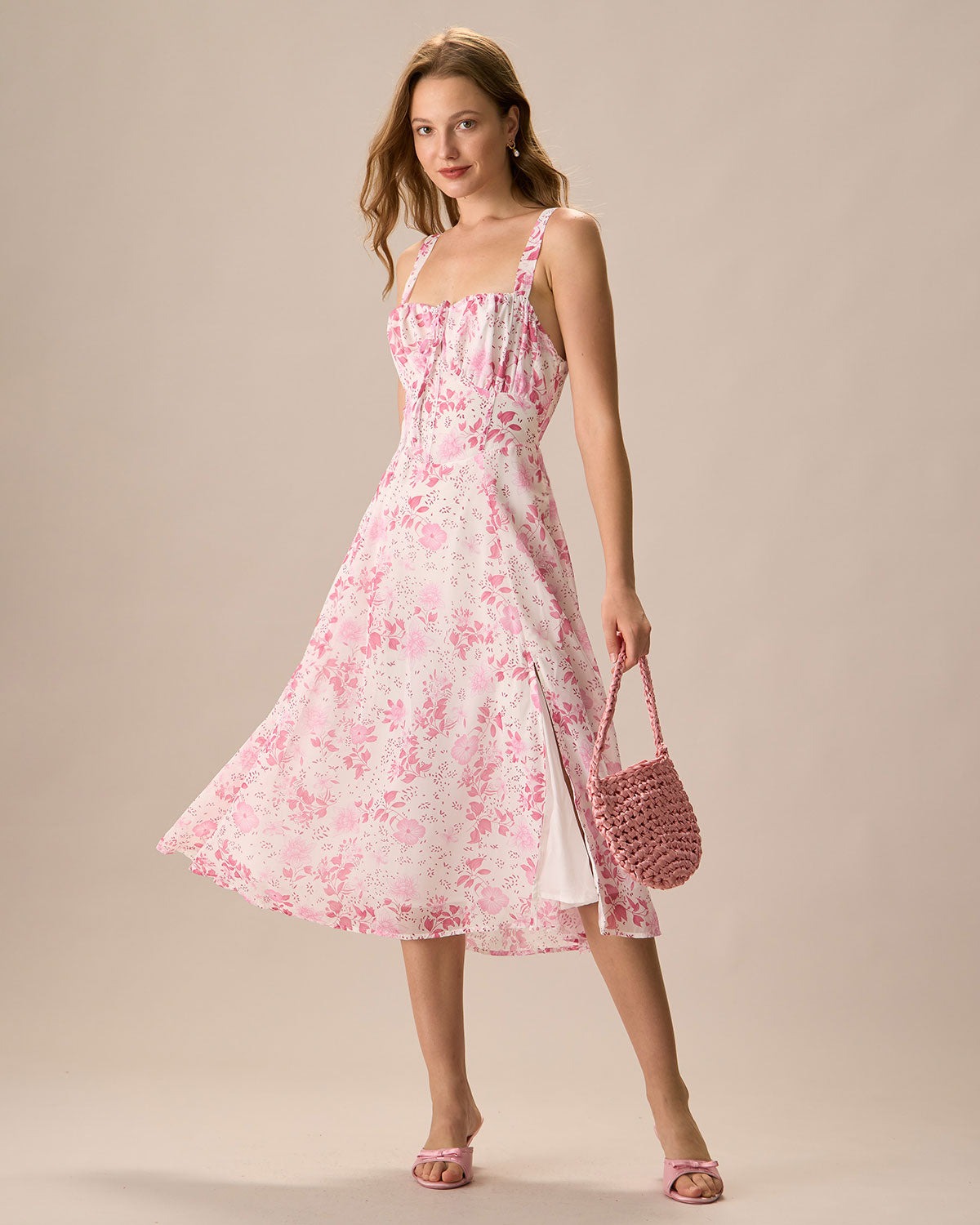Shewess™ Pembe Kare Yaka Çiçek Dantelli Midi Elbise