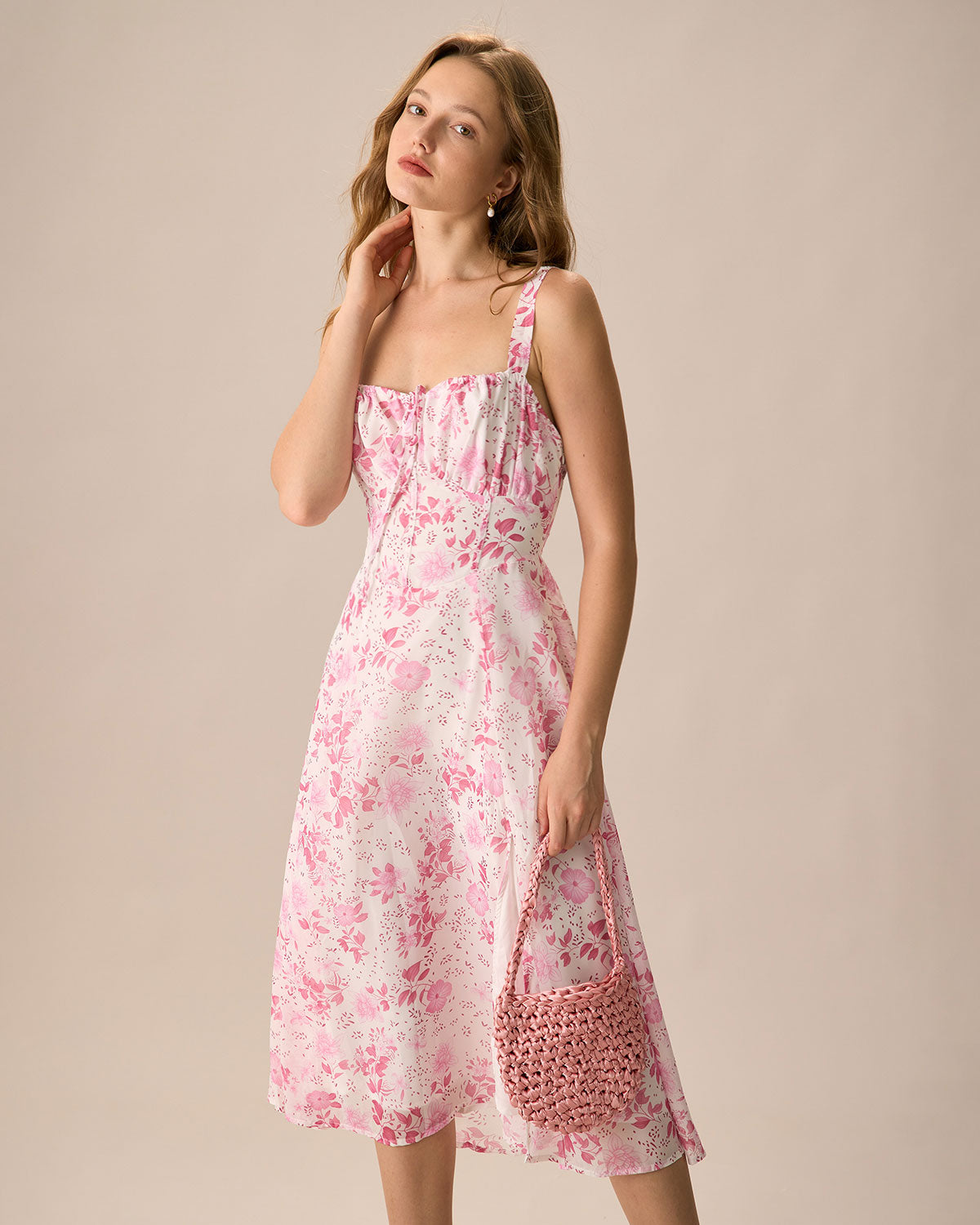 Shewess™ Pembe Kare Yaka Çiçek Dantelli Midi Elbise