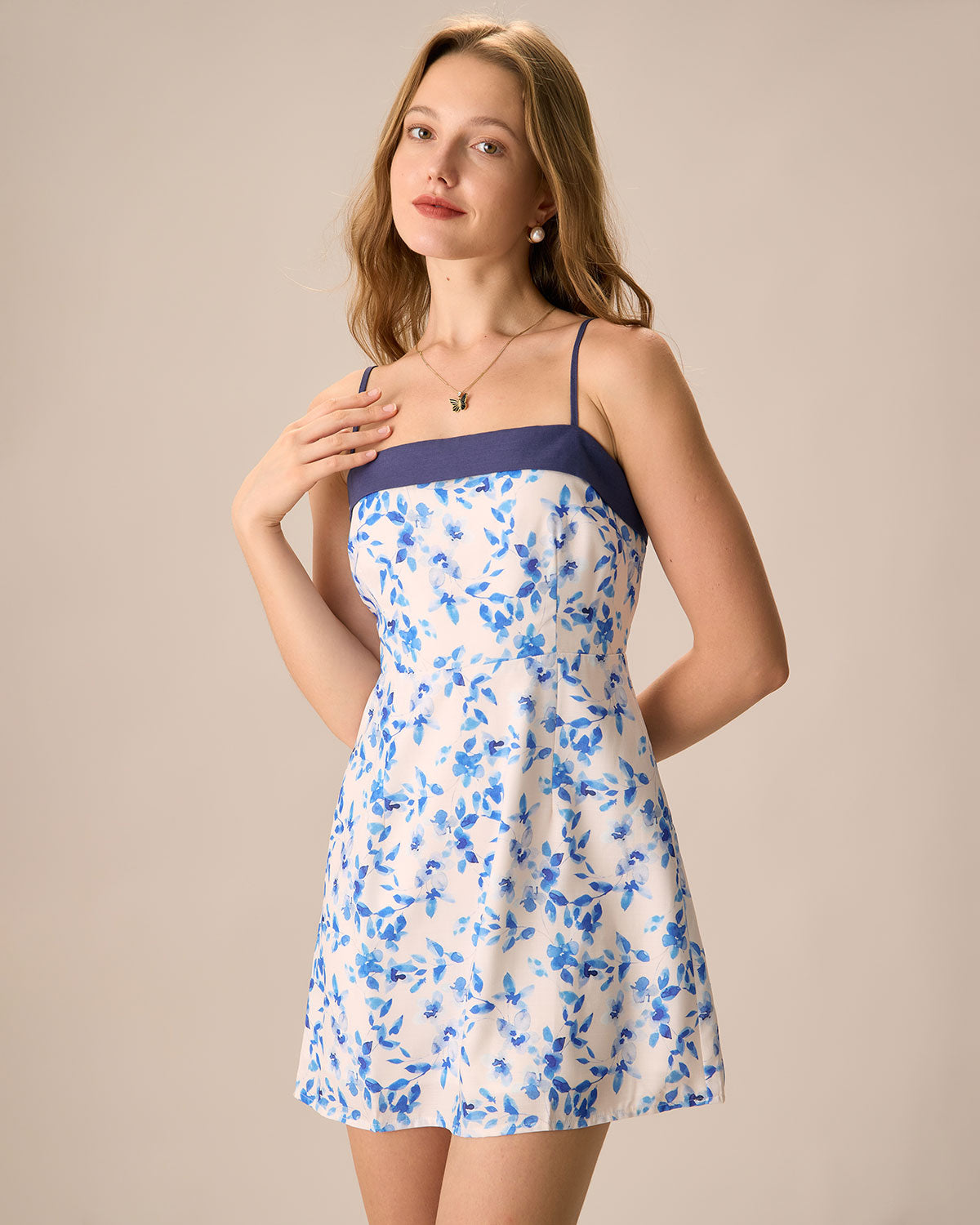 Shewess™ Kadın Mavi Çiçekli Slip Mini Elbise