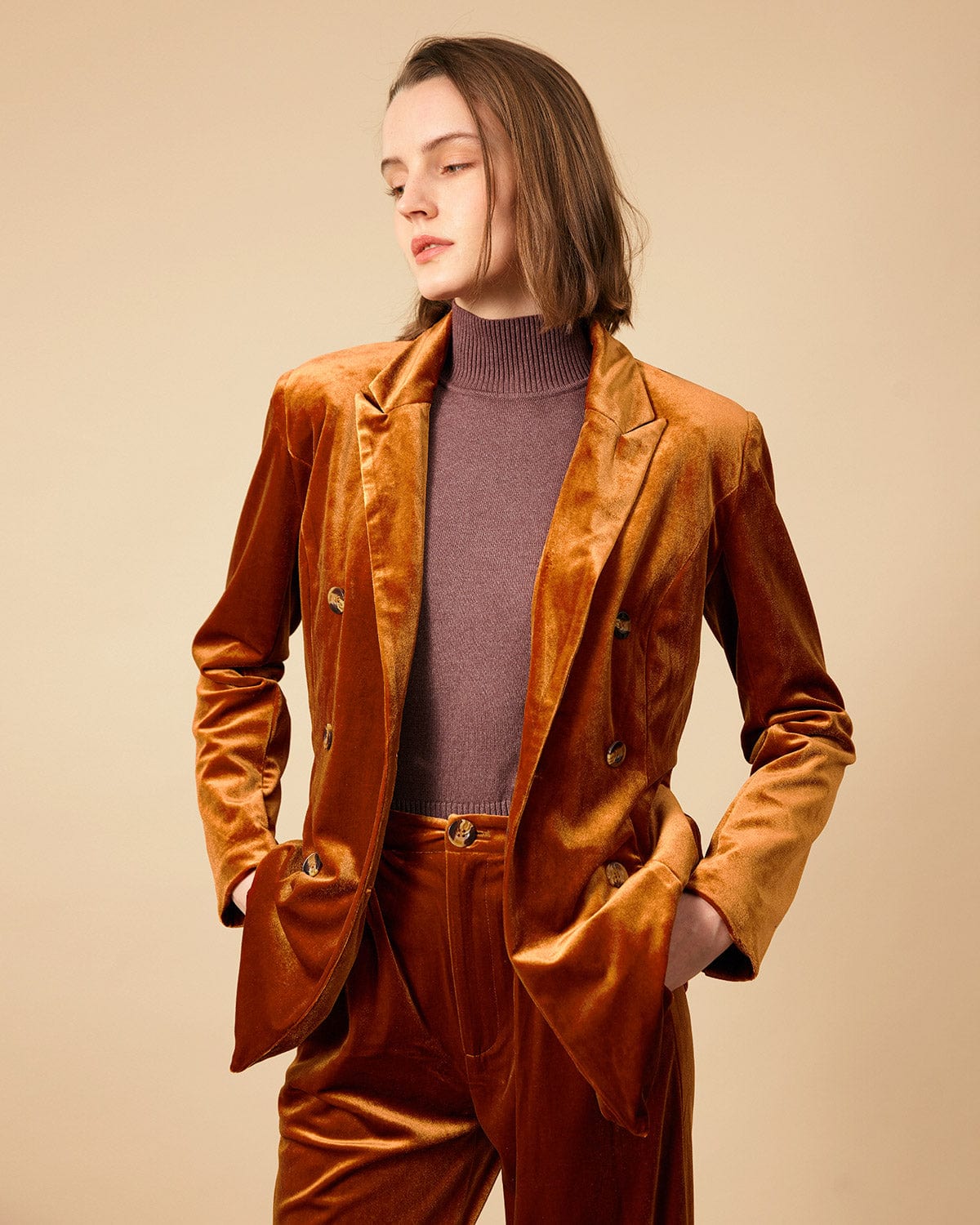 Shewess™ Yakalı Kruvaze Kadife Blazer