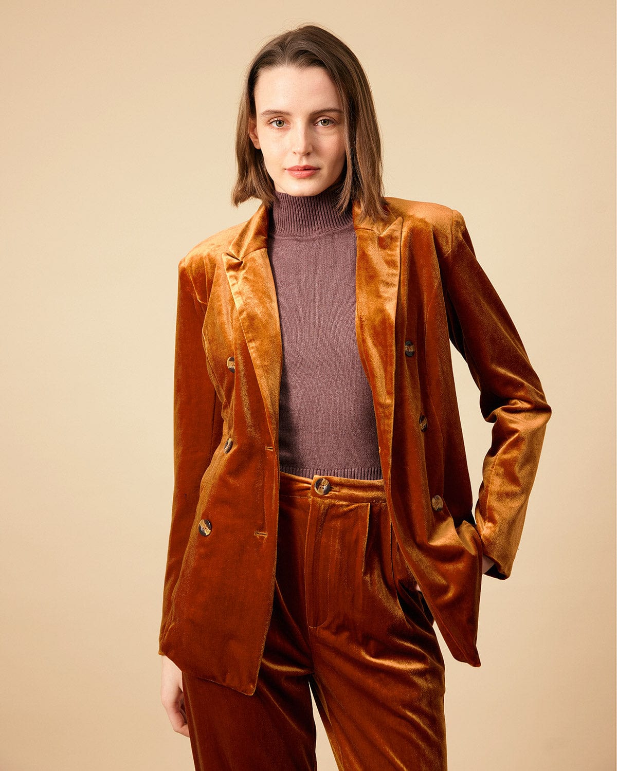 Shewess™ Yakalı Kruvaze Kadife Blazer