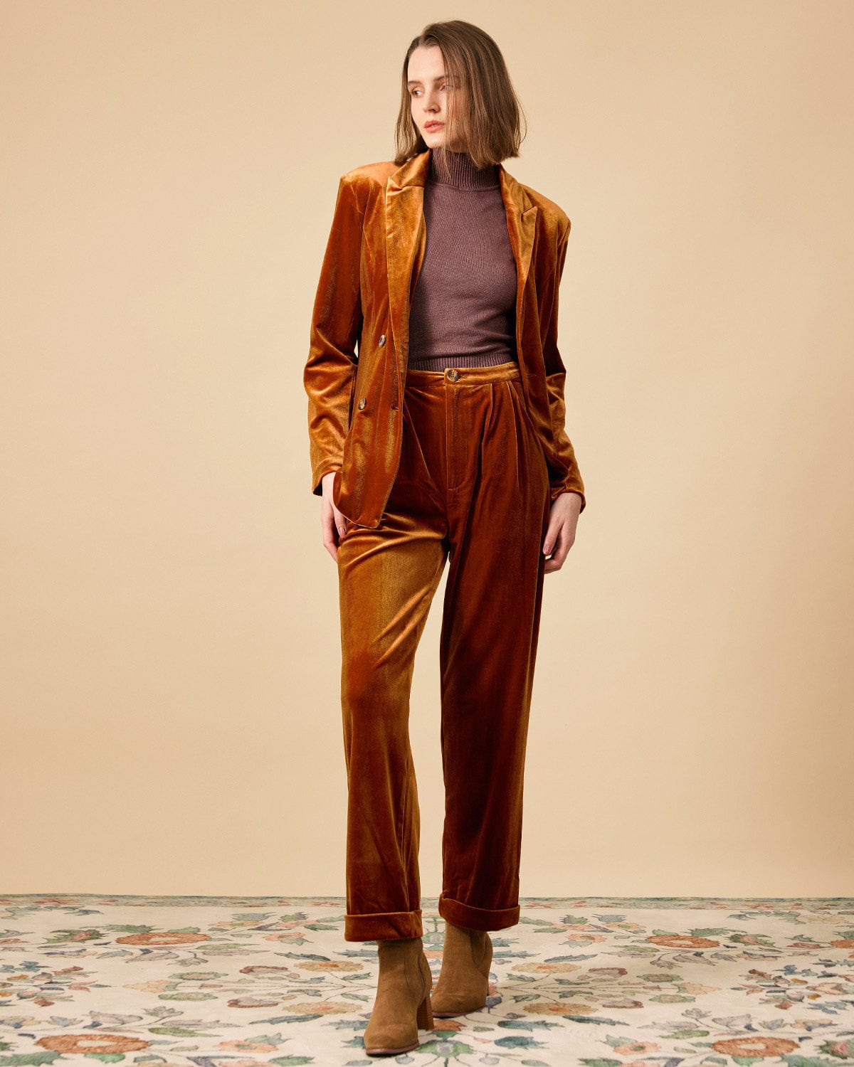 Shewess™ Yakalı Kruvaze Kadife Blazer