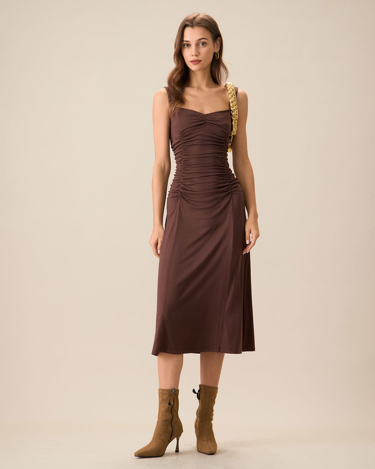 Shewess Kadın Kahve Dantelli Örme Slip Midi Elbise