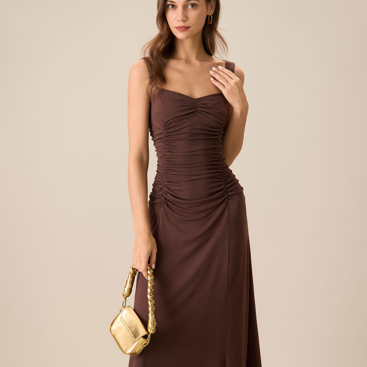 Shewess Kadın Kahve Dantelli Örme Slip Midi Elbise