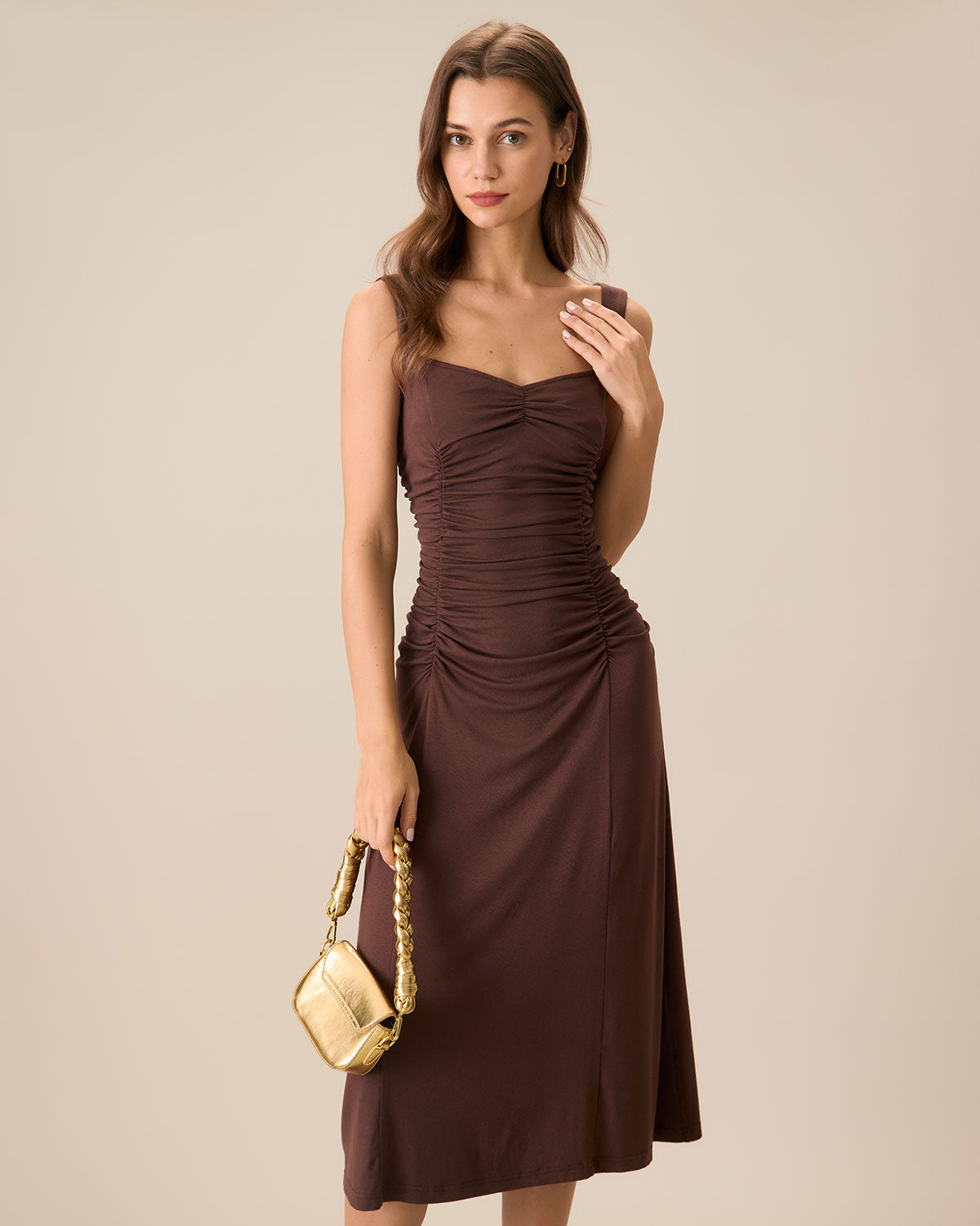 Shewess Kadın Kahve Dantelli Örme Slip Midi Elbise