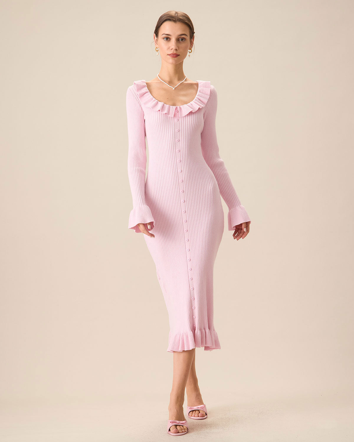 Shewess™ Kadın Pembe U Yaka Fırfırlı Bodycon Kazak Elbise
