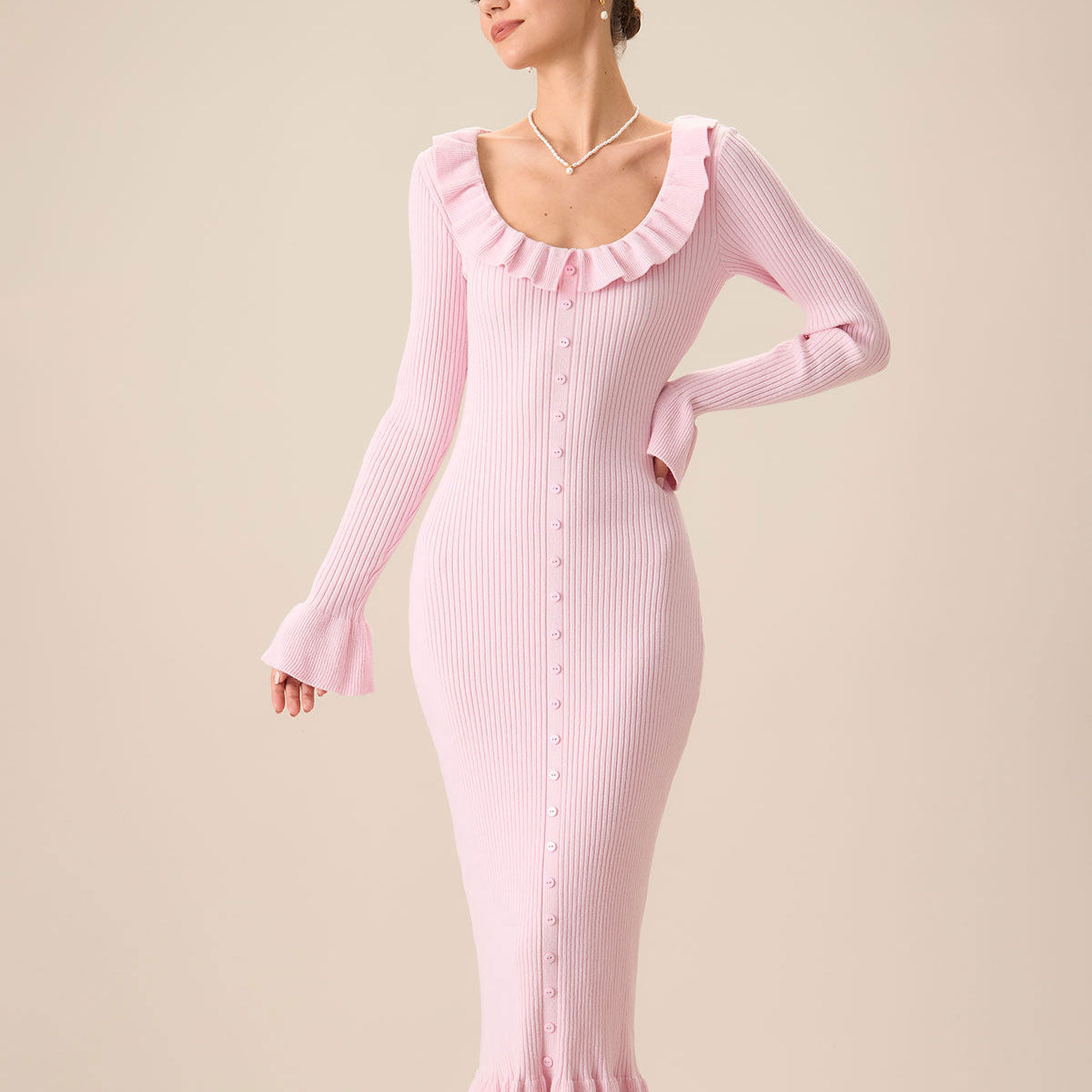 Shewess™ Kadın Pembe U Yaka Fırfırlı Bodycon Kazak Elbise