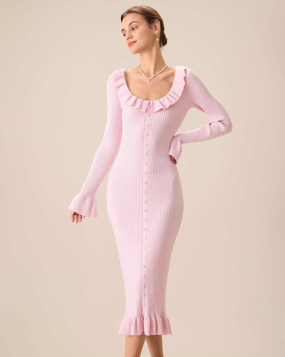 Shewess™ Kadın Pembe U Yaka Fırfırlı Bodycon Kazak Elbise
