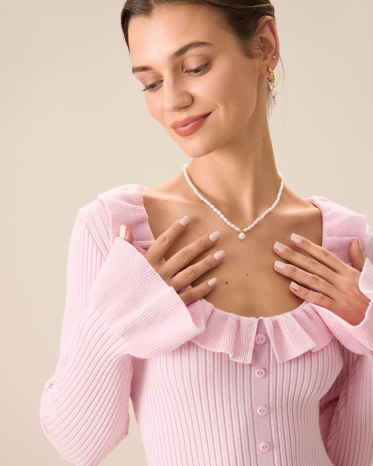 Shewess™ Kadın Pembe U Yaka Fırfırlı Bodycon Kazak Elbise