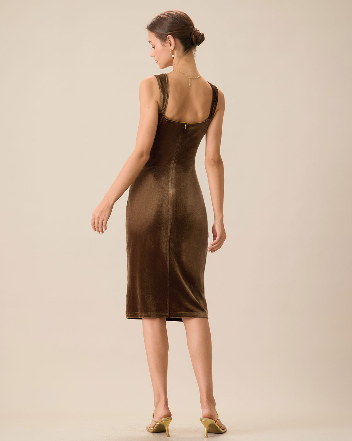 Shewess Kahverengi Kadife Bodycon Midi Elbise