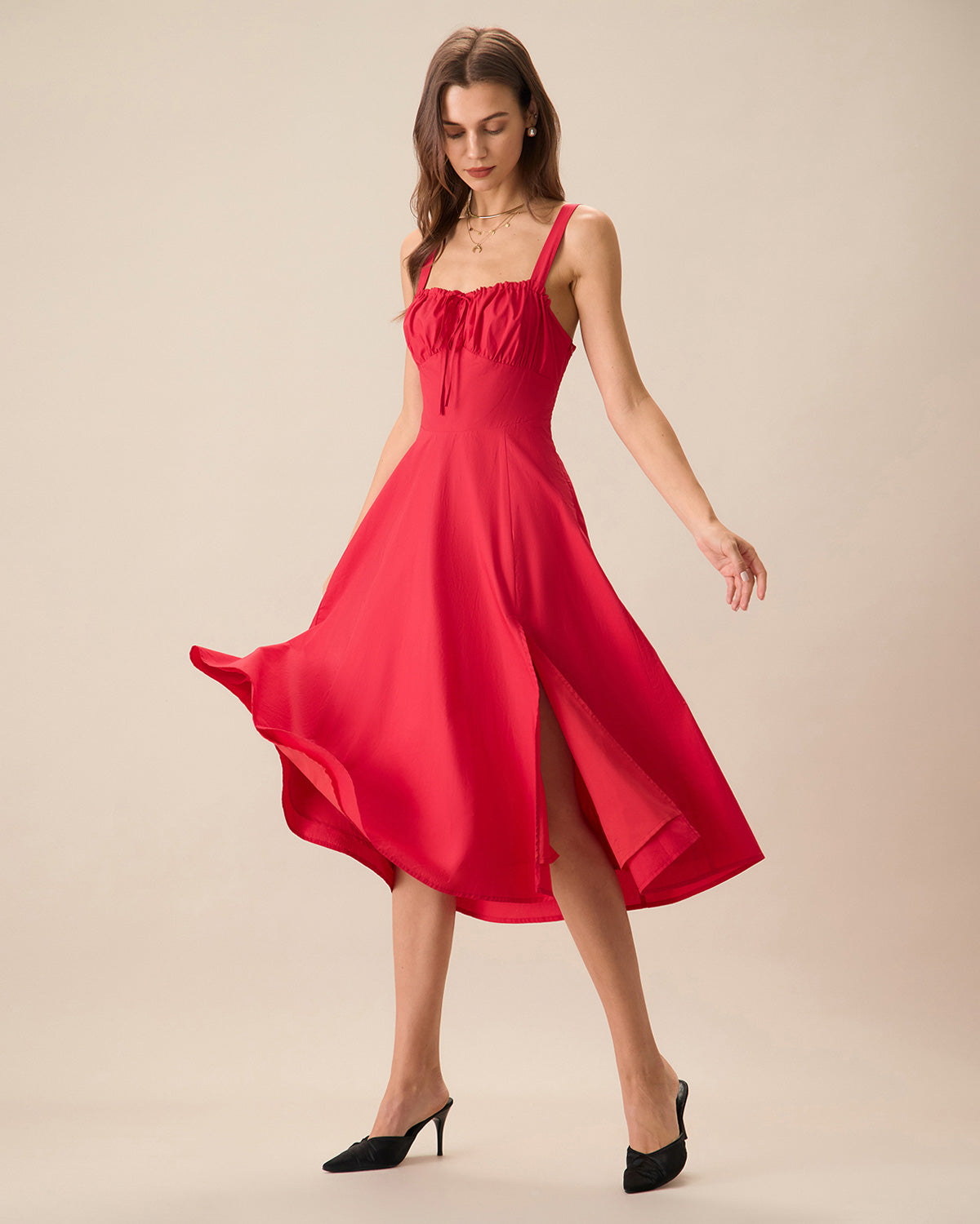 Shewess™ Kadın Kırmızı Kare Yaka Dantelli Slip Midi Elbise