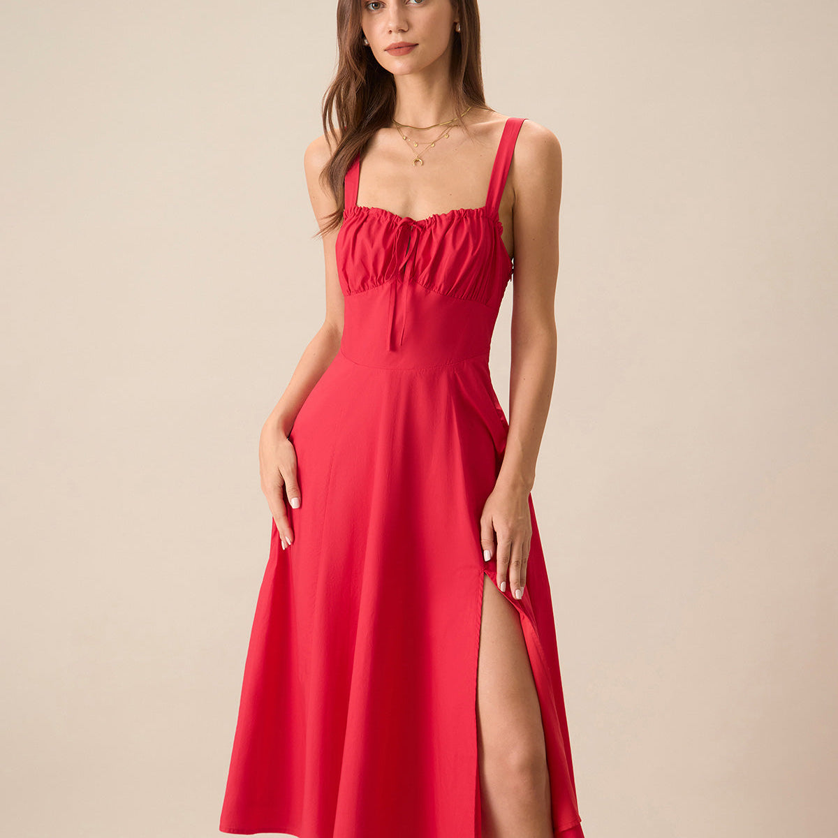 Shewess™ Kadın Kırmızı Kare Yaka Dantelli Slip Midi Elbise
