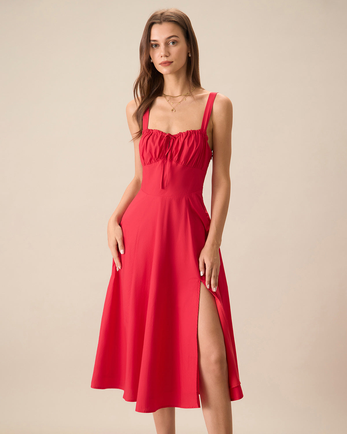 Shewess™ Kadın Kırmızı Kare Yaka Dantelli Slip Midi Elbise