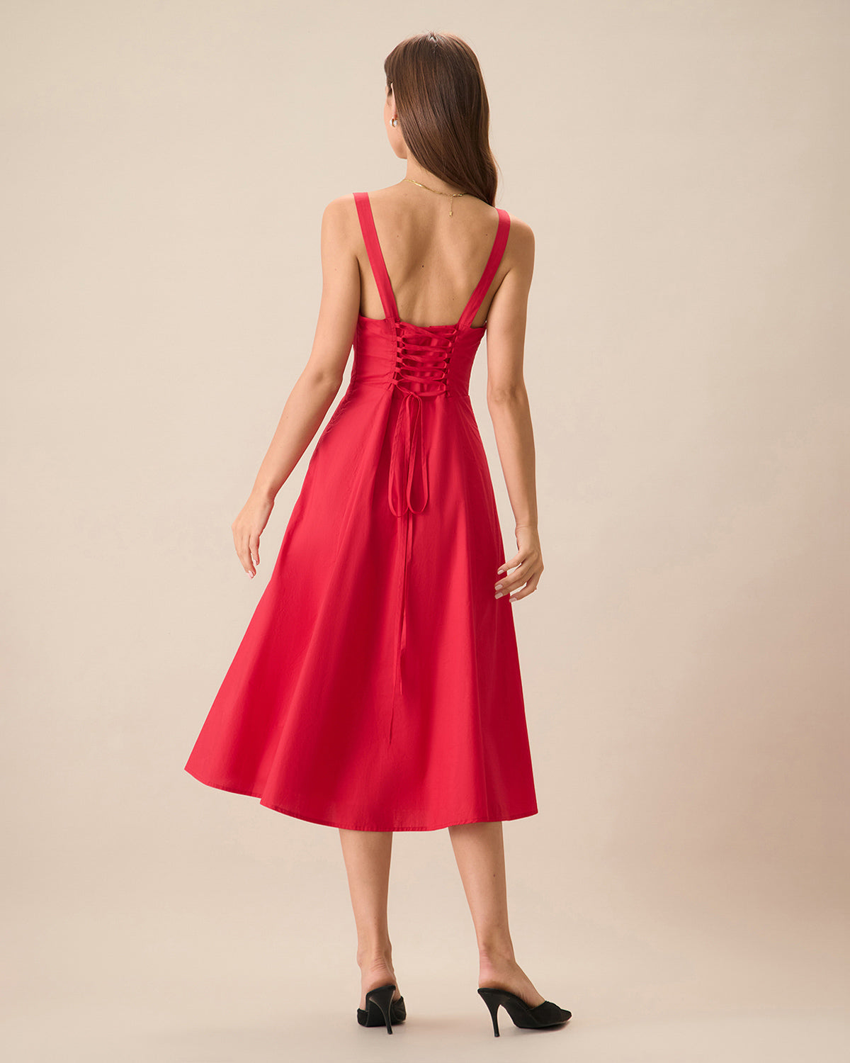 Shewess™ Kadın Kırmızı Kare Yaka Dantelli Slip Midi Elbise