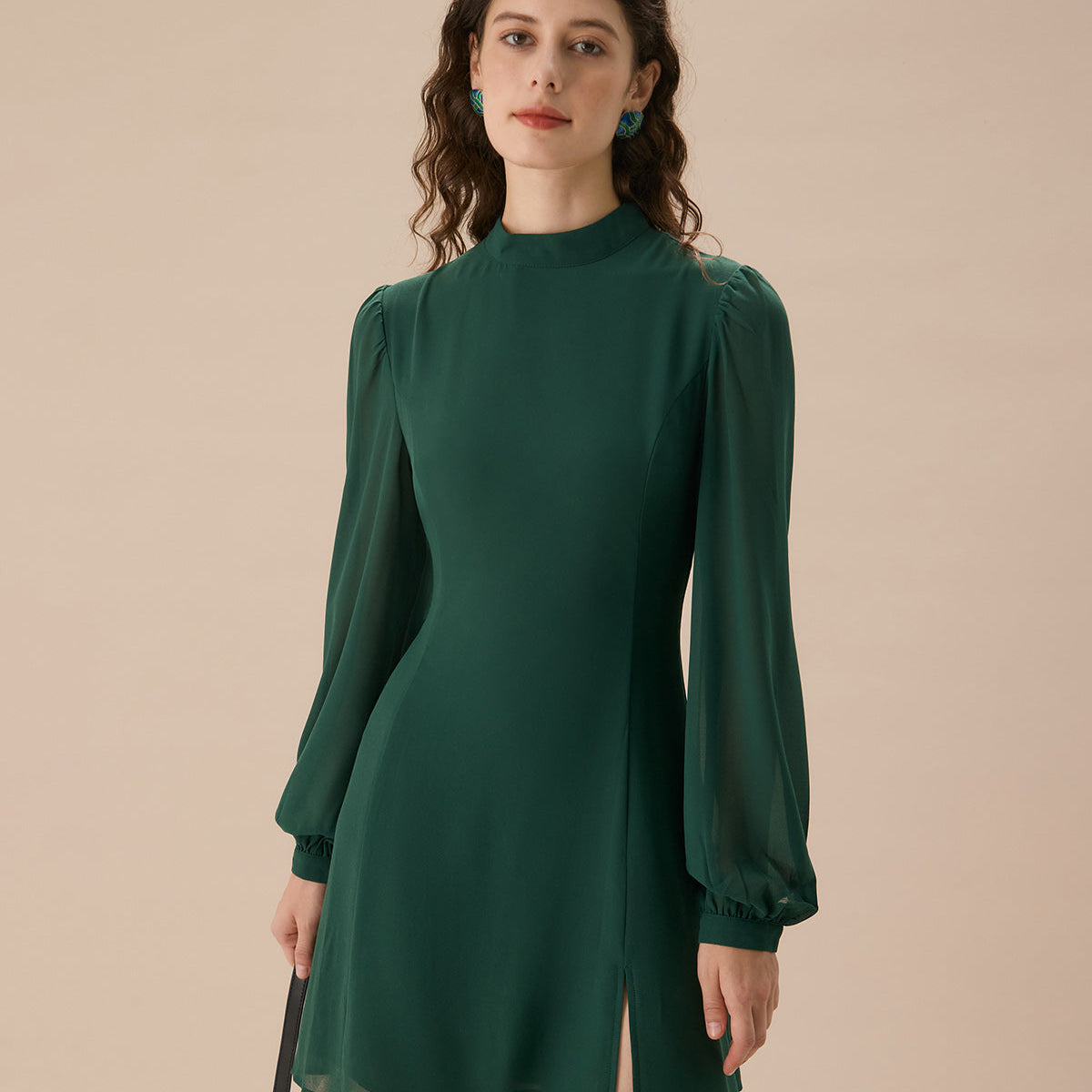 Shewess™ Yeşil Dik Yaka Transparan Yırtmaçlı Mini Elbise