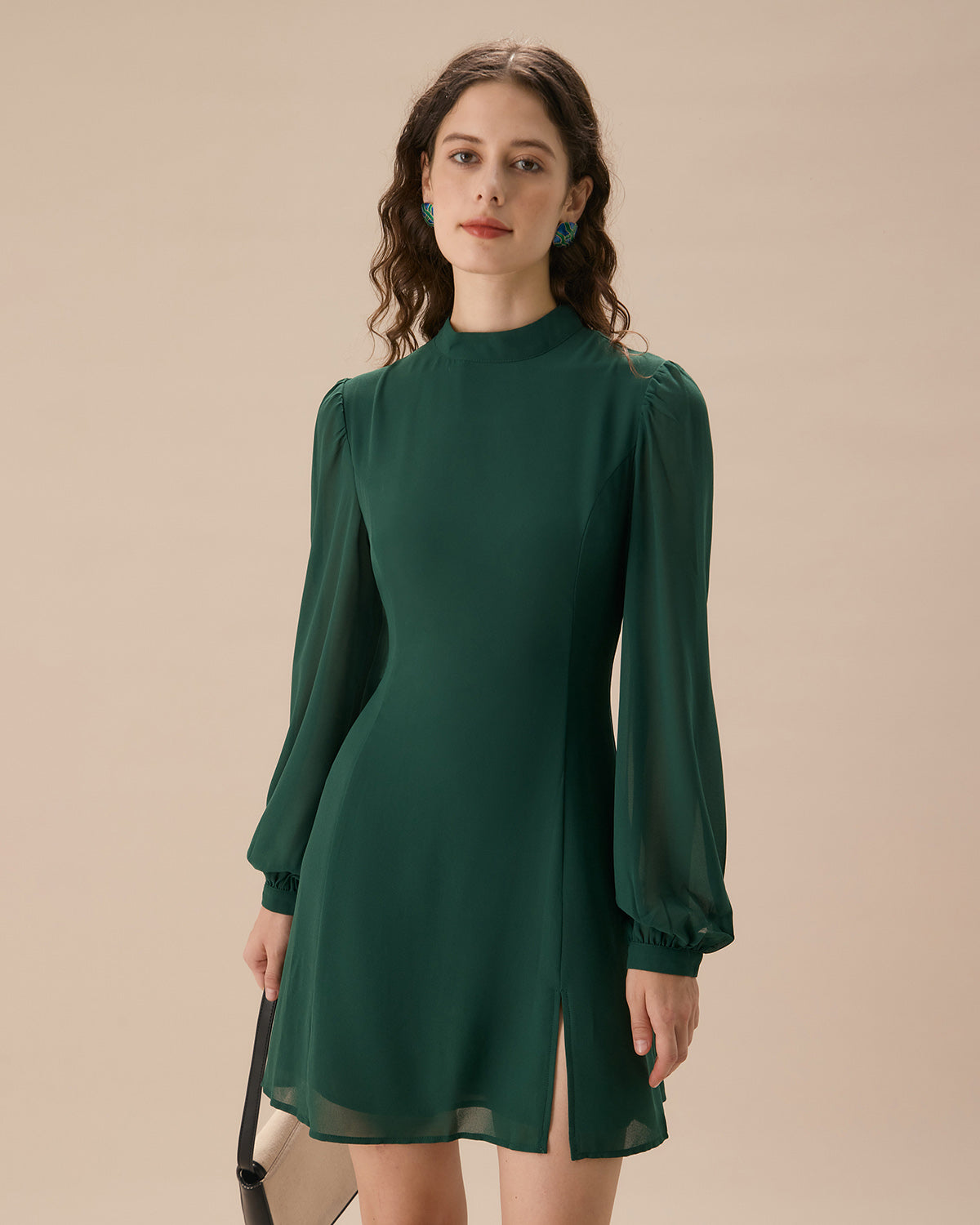 Shewess™ Yeşil Dik Yaka Transparan Yırtmaçlı Mini Elbise