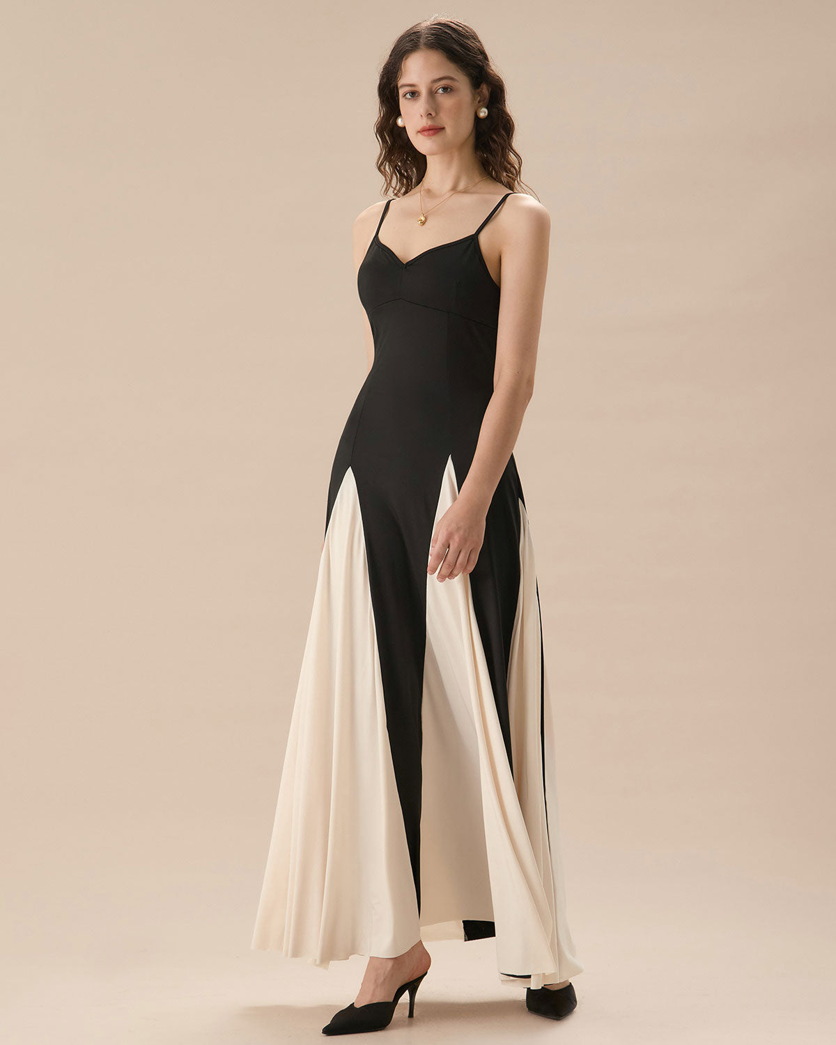 Shewess™ Kadın Siyah Kontrast Büzgülü Slip Maxi Elbise