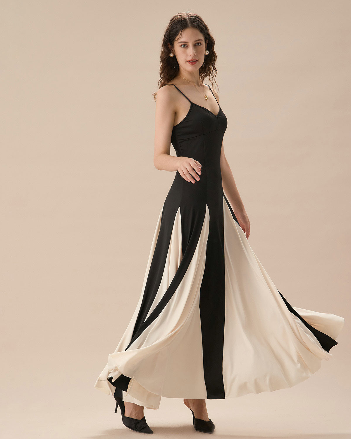 Shewess™ Kadın Siyah Kontrast Büzgülü Slip Maxi Elbise
