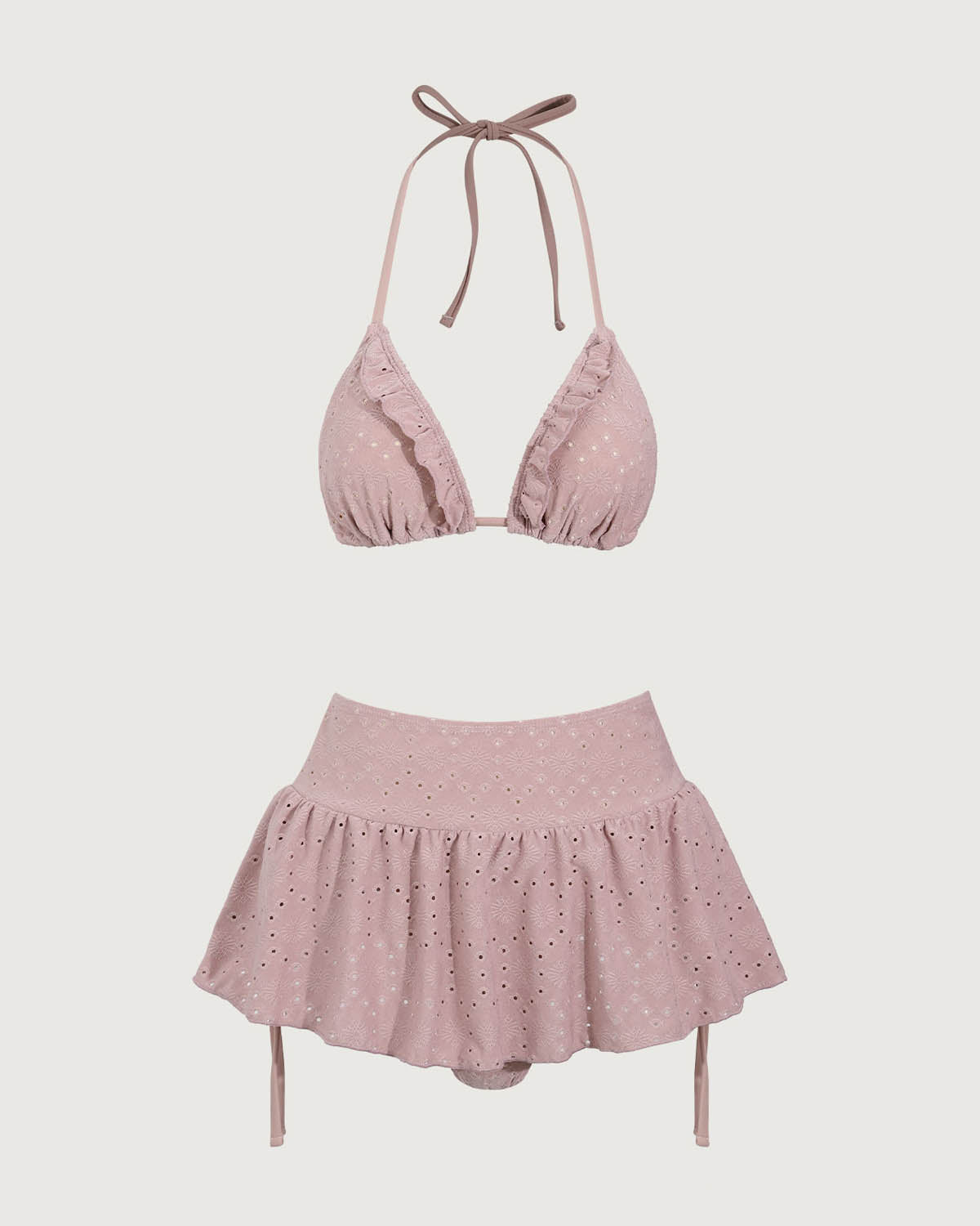 Shewess™ Pembe Fırfırlı Büzgülü Bikini Üçlü Takım
