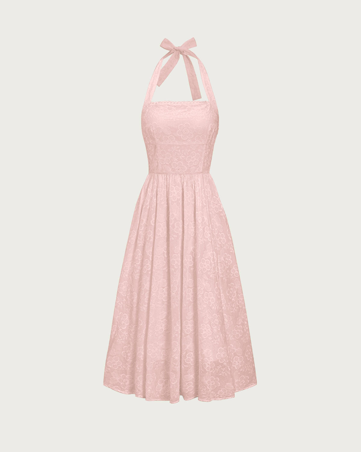 Shewess™ Pembe Nakışlı Boyundan Bağlamalı Midi Elbise