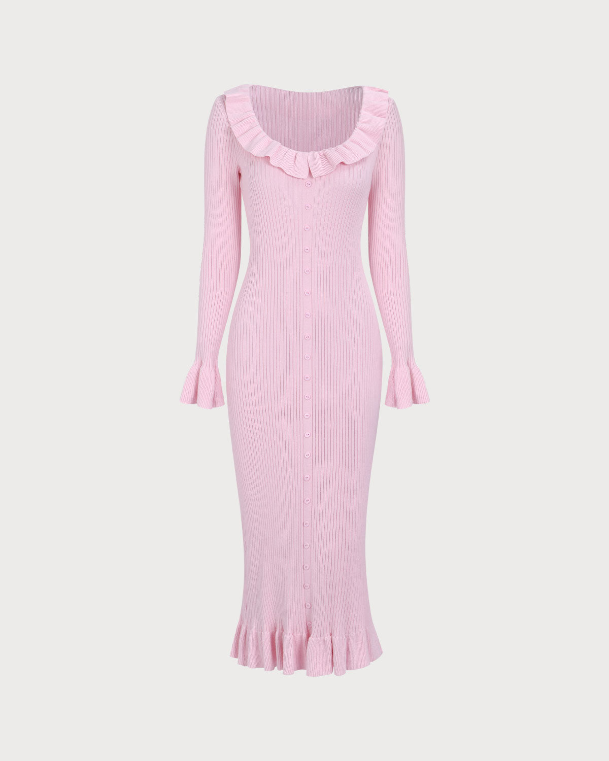 Shewess™ Kadın Pembe U Yaka Fırfırlı Bodycon Kazak Elbise