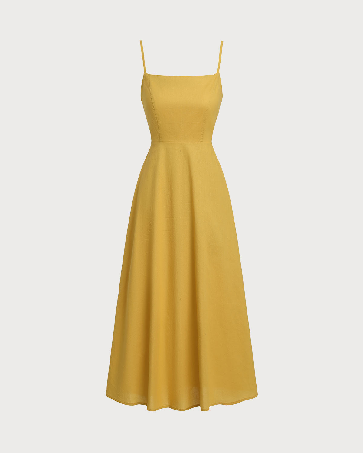 Shewess™ Sarı Kare Yaka Büzgülü Slip Midi Elbise