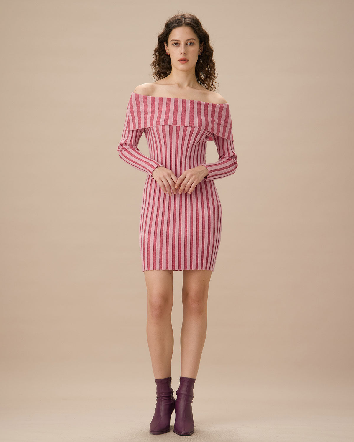 Shewess™ Pembe Çizgili Omuzu Açık Bodycon Triko Elbise