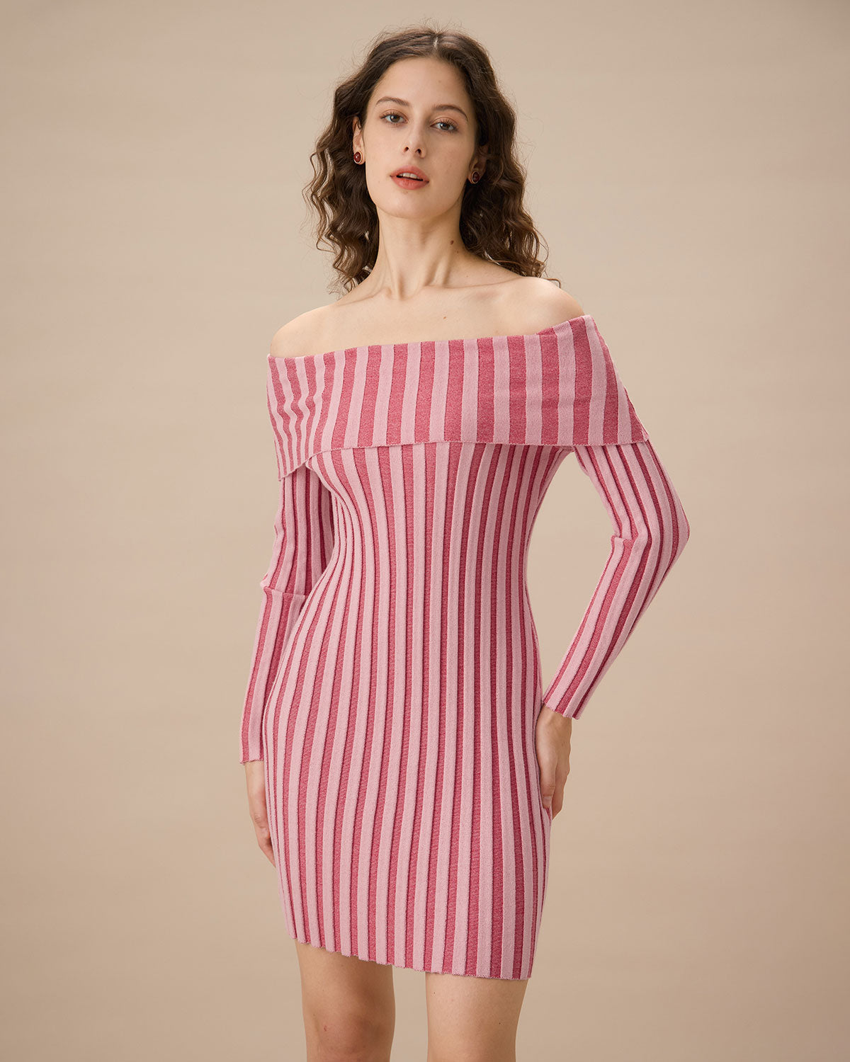 Shewess™ Pembe Çizgili Omuzu Açık Bodycon Triko Elbise