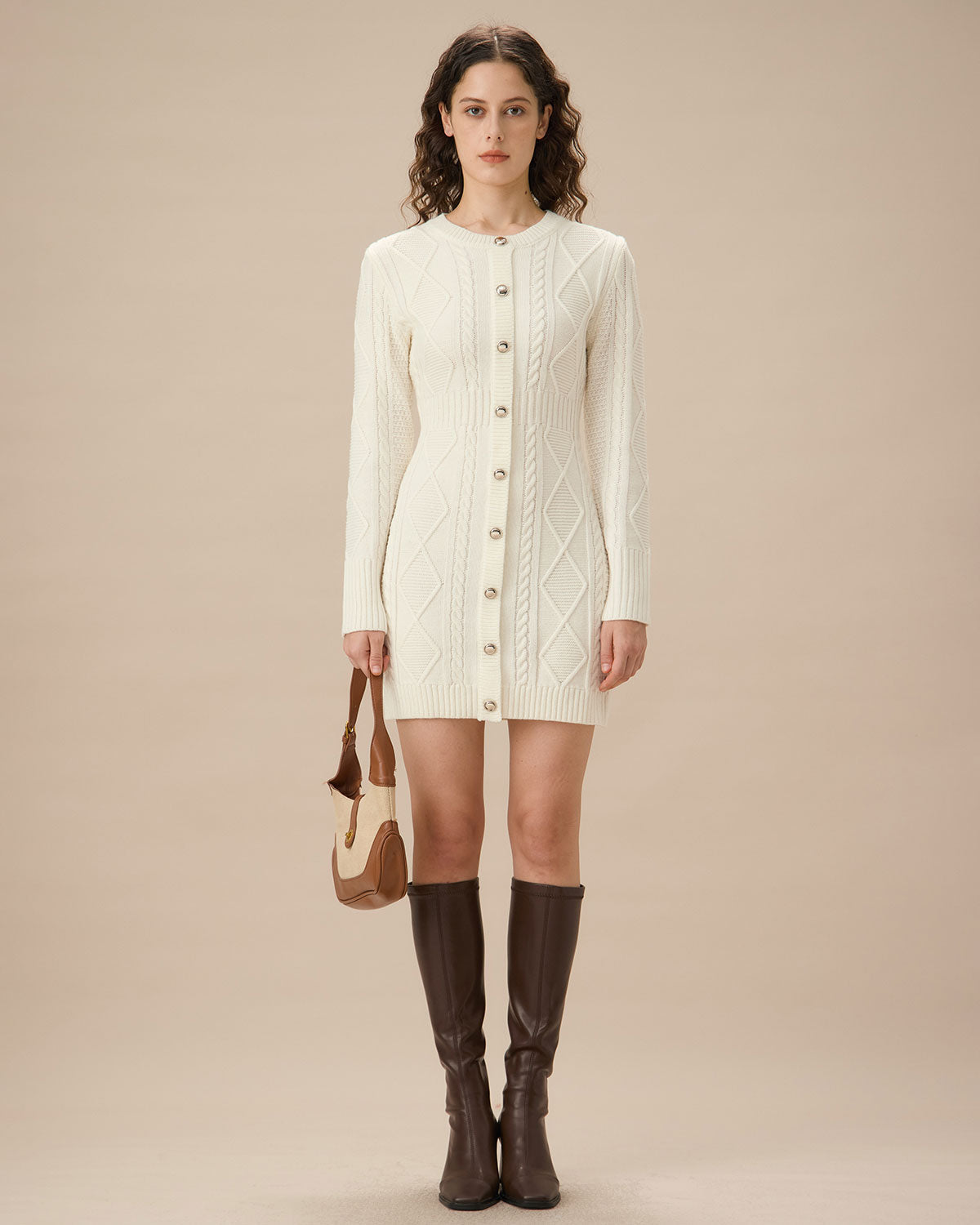 Shewess™ Beyaz Yuvarlak Yaka Bodycon Kazak Elbise