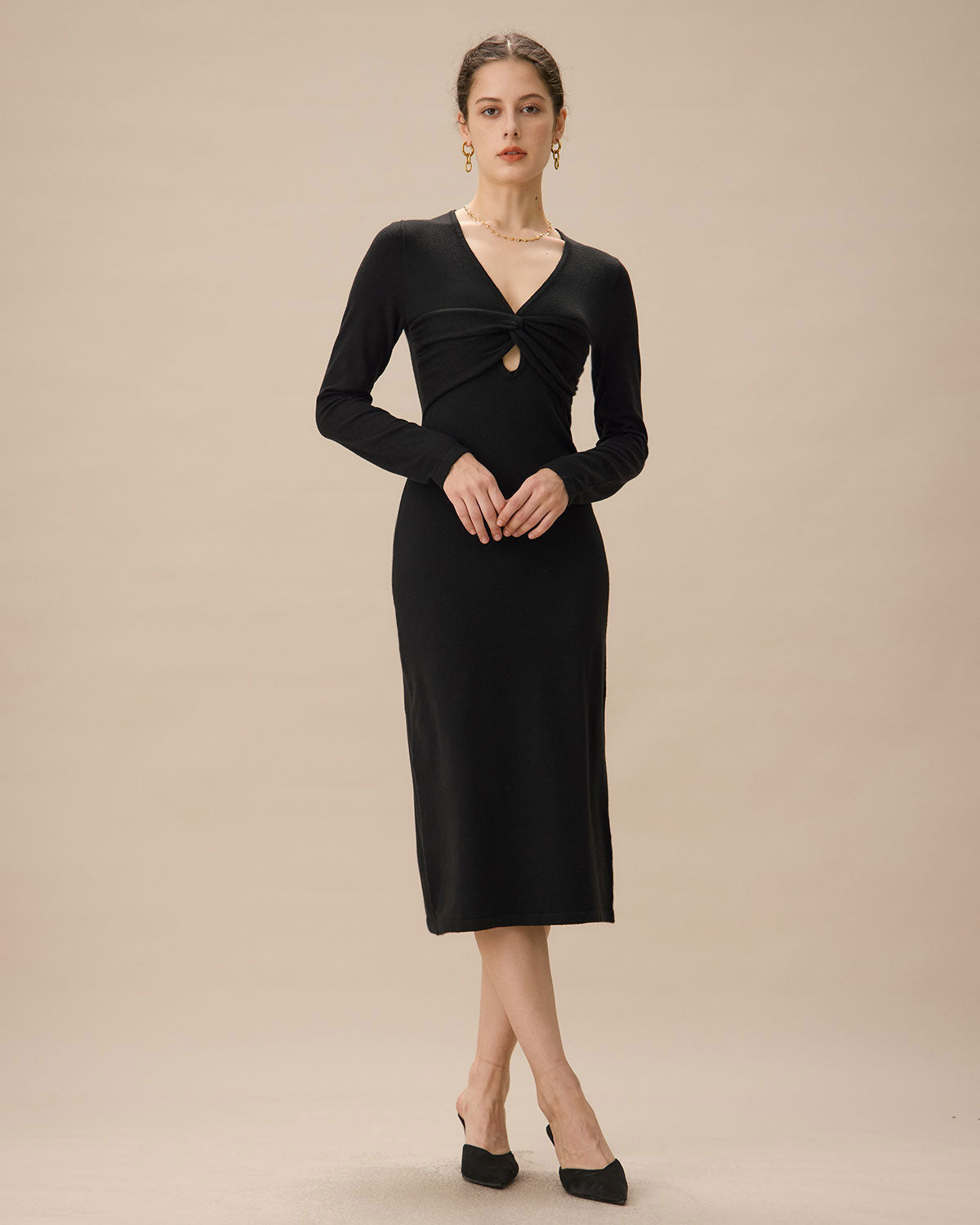 Shewess™ Siyah V Yaka Bodycon Triko Elbise