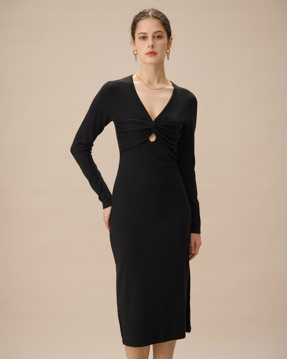 Shewess™ Siyah V Yaka Bodycon Triko Elbise
