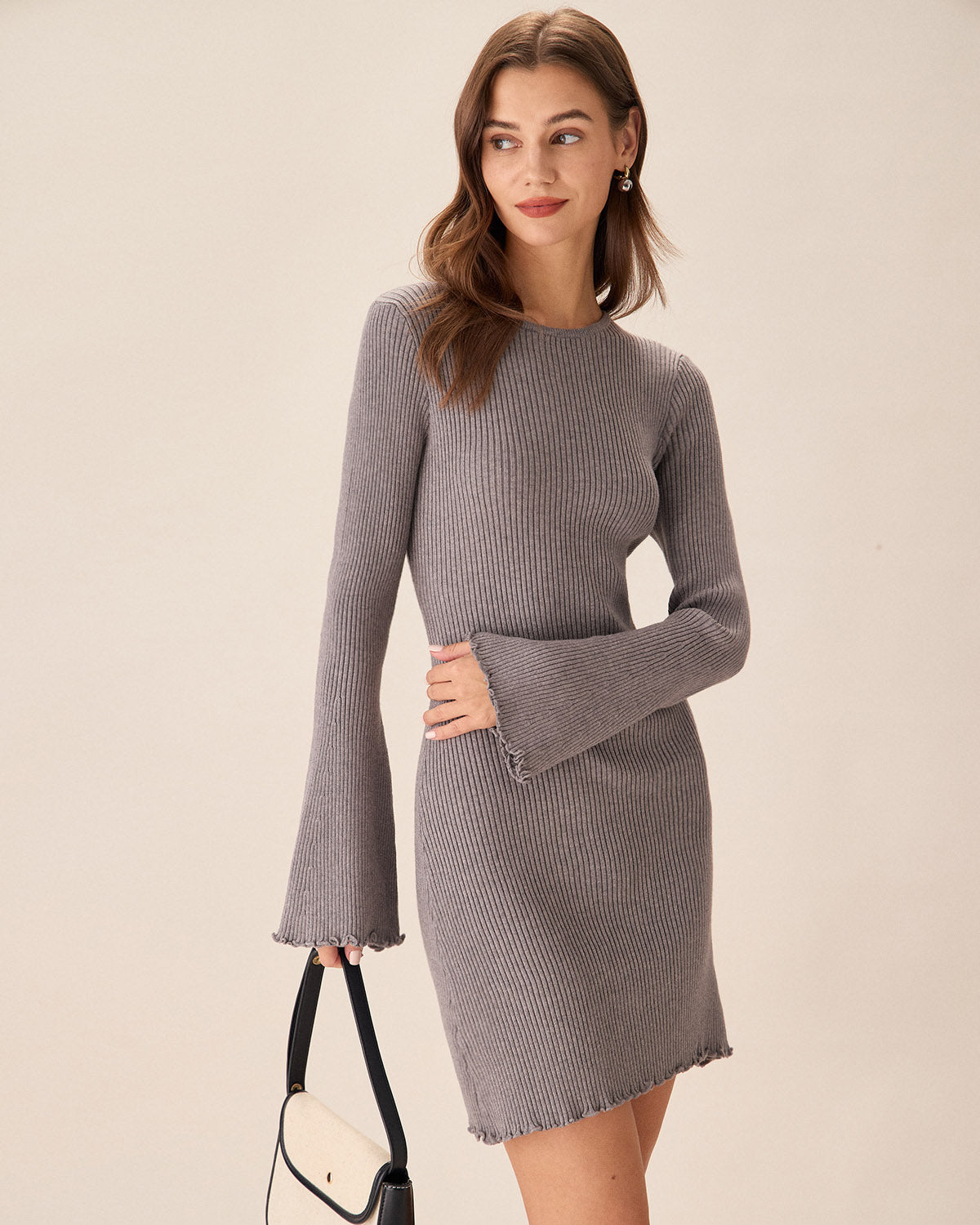 Shewess™ Gri Kayık Yaka Triko Mini Elbise