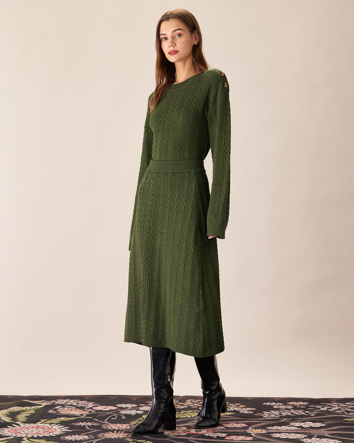 Shewess™ Yeşil Beli Lastikli Triko Midi Etek