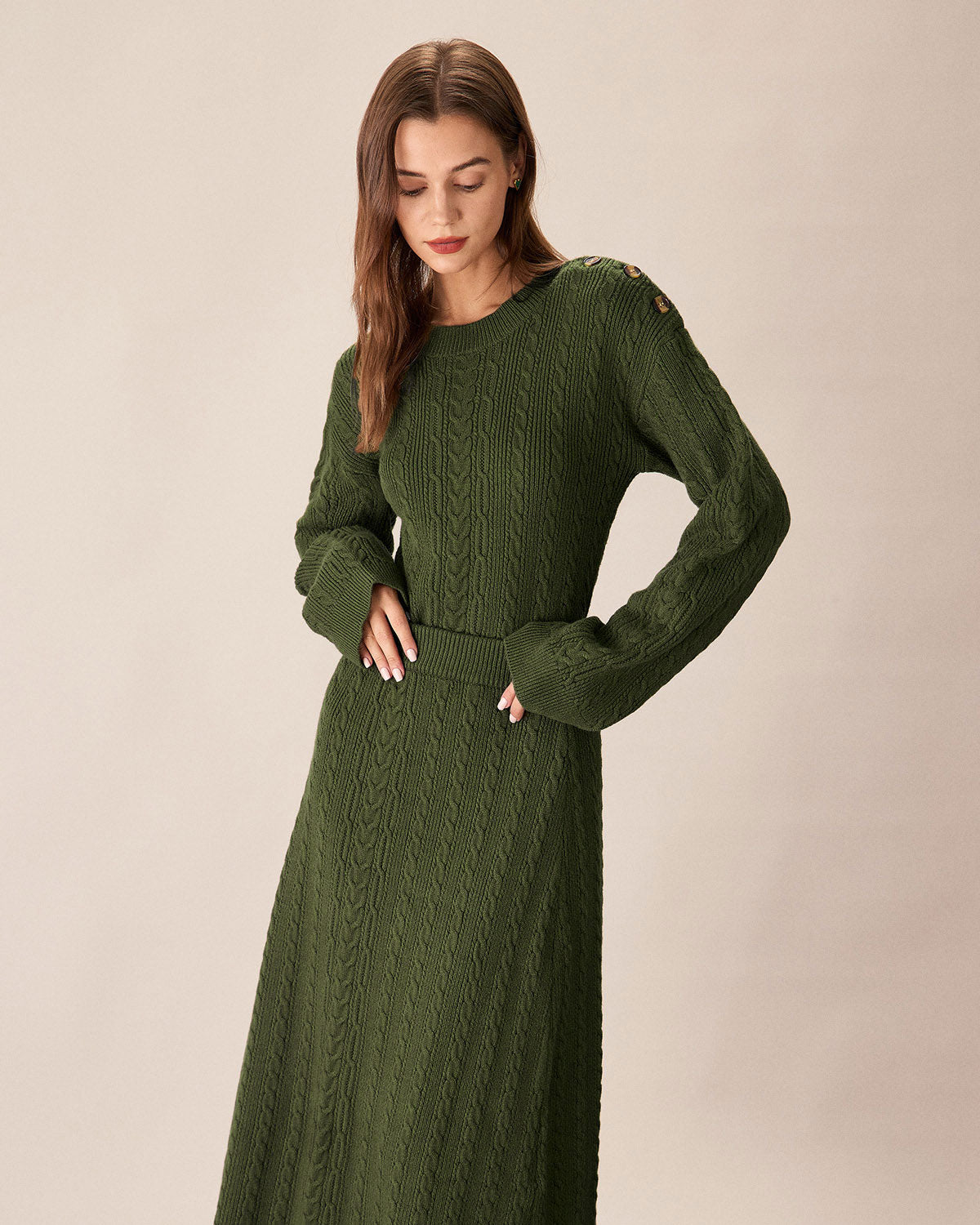 Shewess™ Yeşil Beli Lastikli Triko Midi Etek
