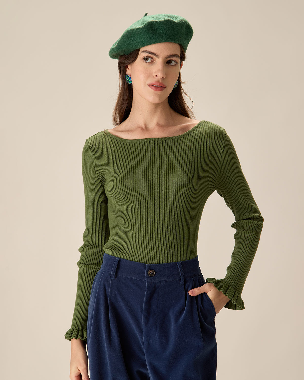 Shewess™ Yeşil Kayık Yaka Fırfırlı Slim Tişört