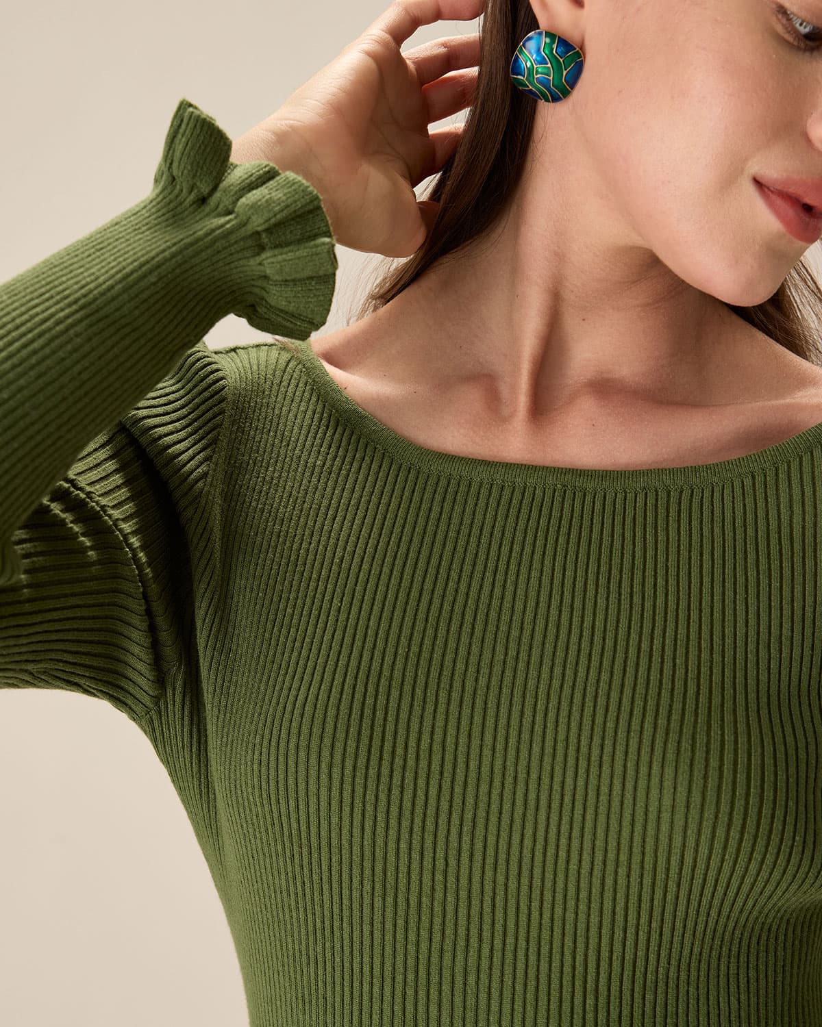 Shewess™ Yeşil Kayık Yaka Fırfırlı Slim Tişört