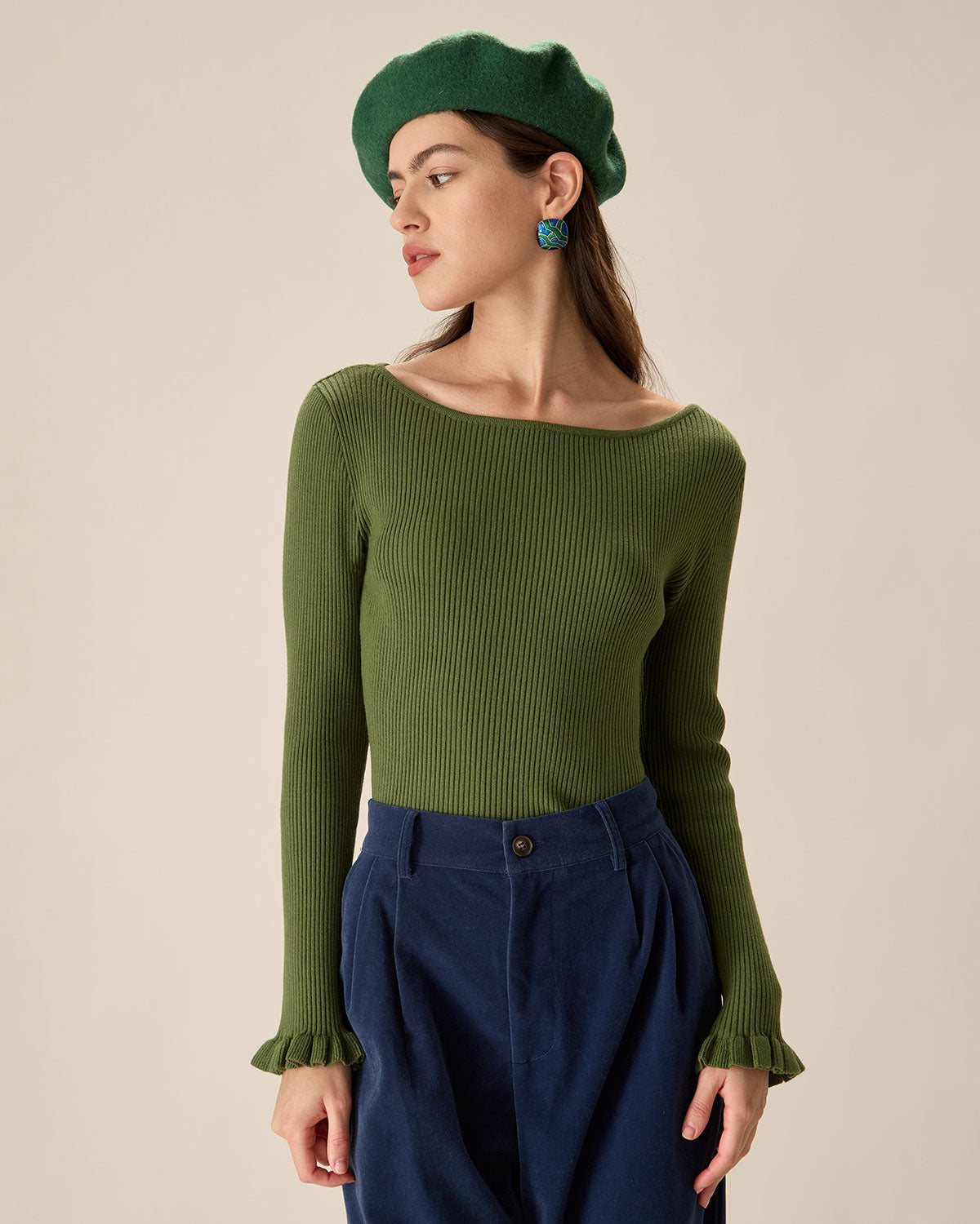 Shewess™ Yeşil Kayık Yaka Fırfırlı Slim Tişört