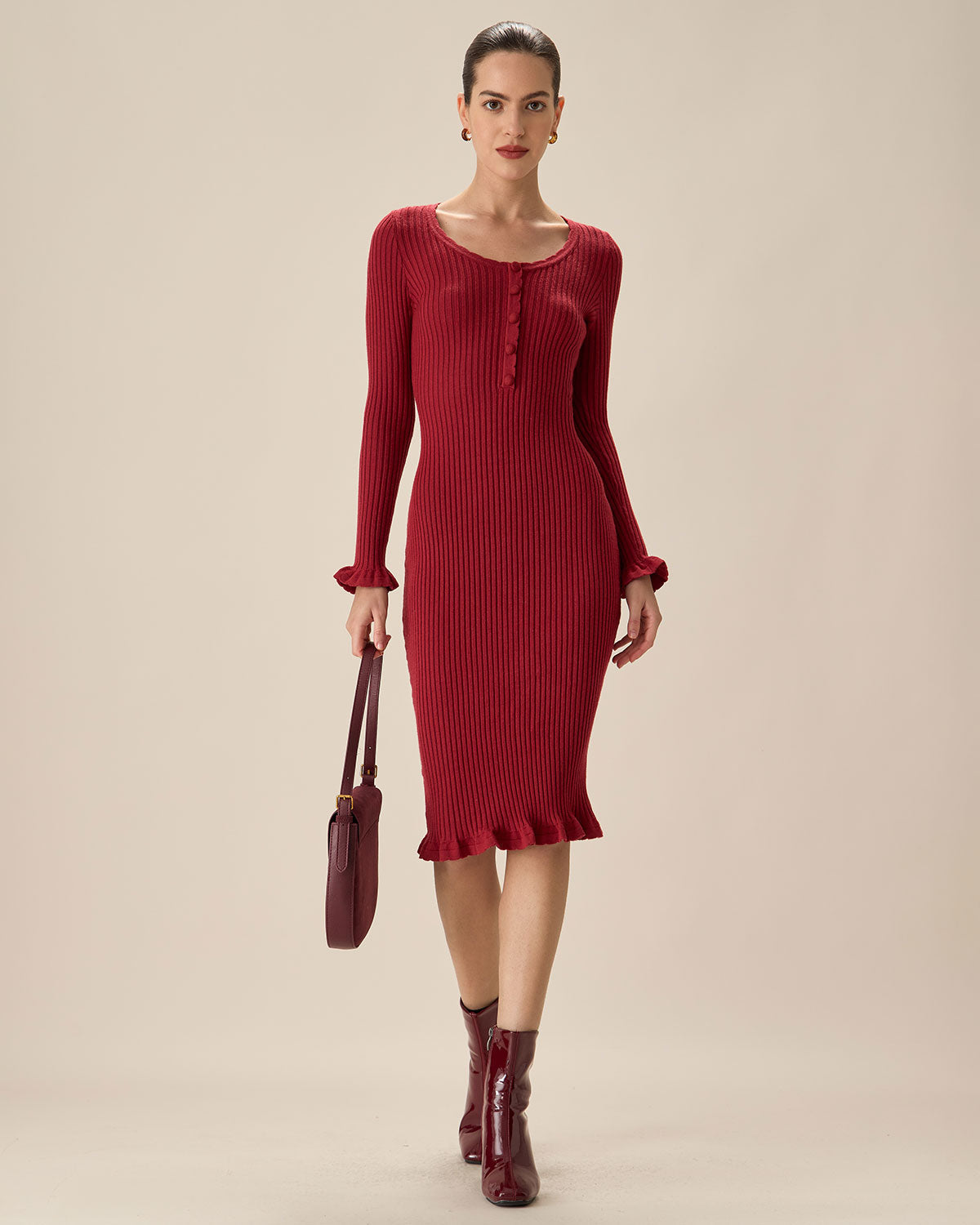 Shewess™ Kırmızı Bodycon Çan Kol Kazak Elbise