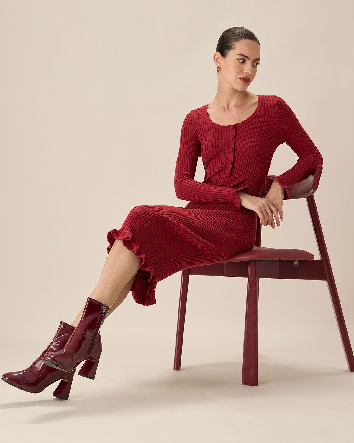 Shewess™ Kırmızı Bodycon Çan Kol Kazak Elbise