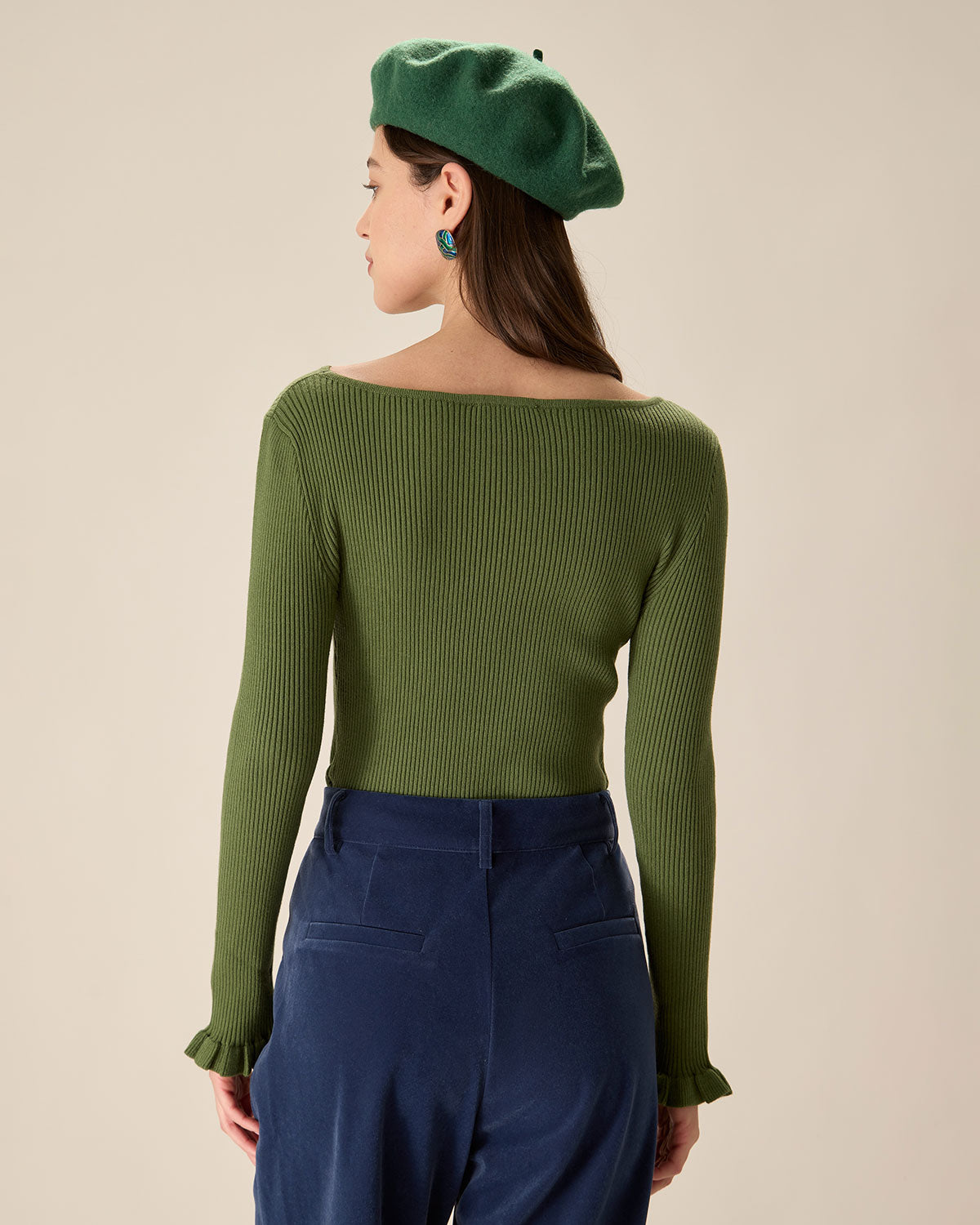 Shewess™ Yeşil Kayık Yaka Fırfırlı Slim Tişört