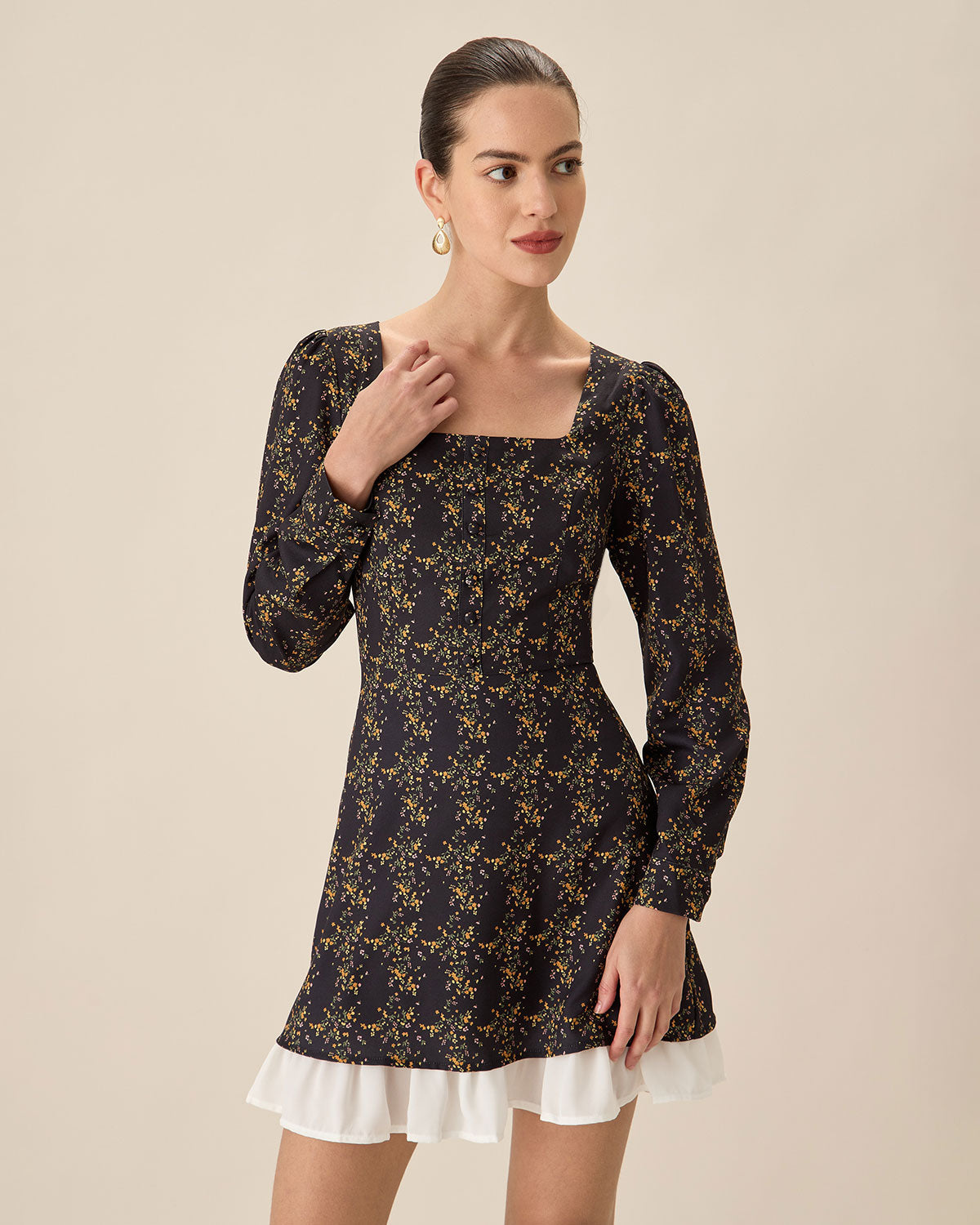 Shewess™ Siyah Kontrast Kolları Kabarık Mini Elbise
