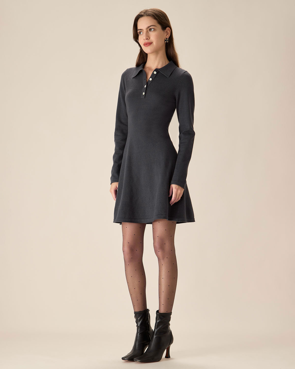 Shewess™ Gri Piliseli Kazak Mini Elbise