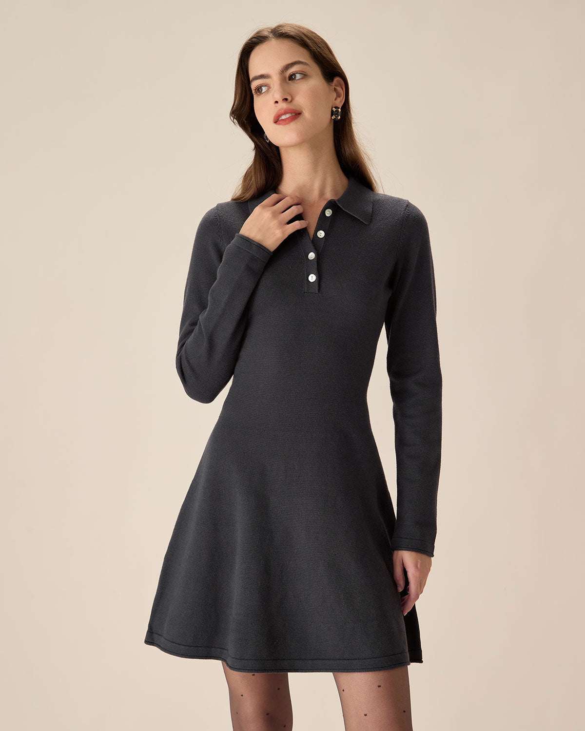 Shewess™ Gri Piliseli Kazak Mini Elbise