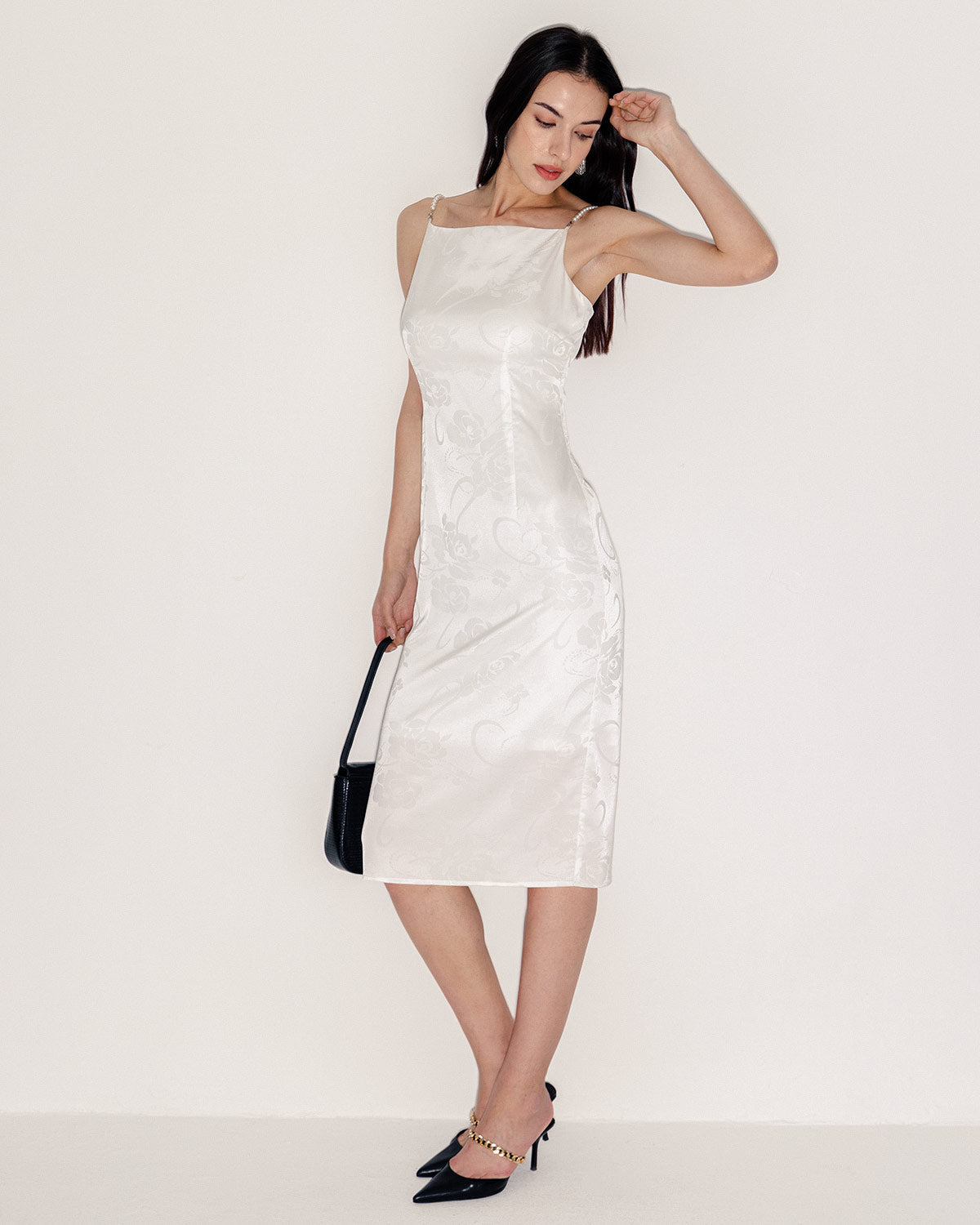 Shewess™ Beyaz Boncuklu Askılı Slip Midi Elbise