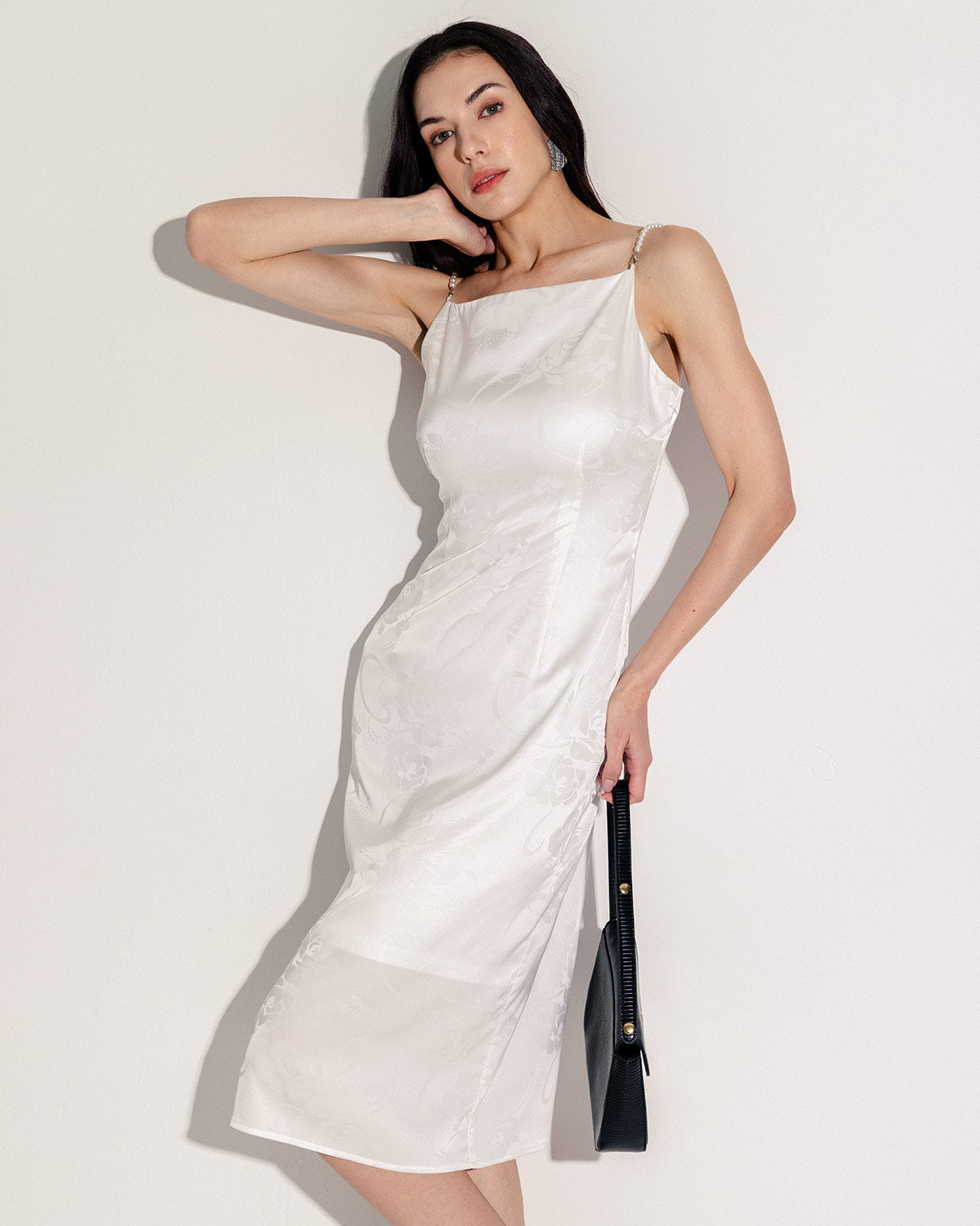Shewess™ Beyaz Boncuklu Askılı Slip Midi Elbise